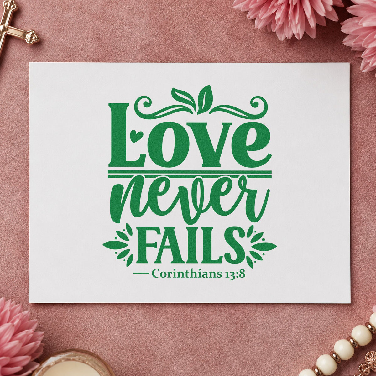 Love Never Fails Leaf Accents PSI Pre-Inked Stamp in use 3