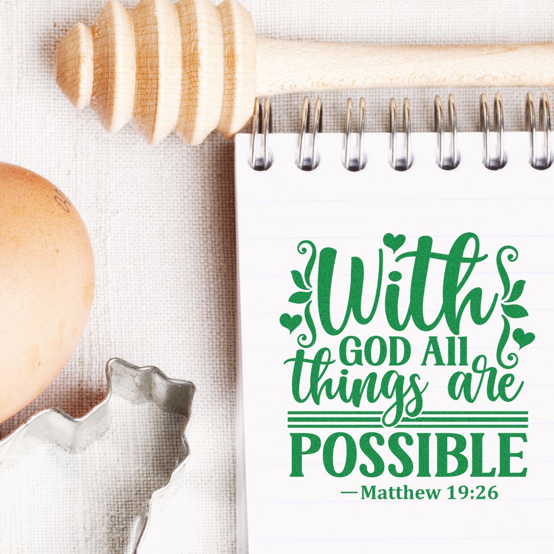 Christian rubber stamp design with Matthew 19:26 quote, With God all things are possible, for faith-based crafts.