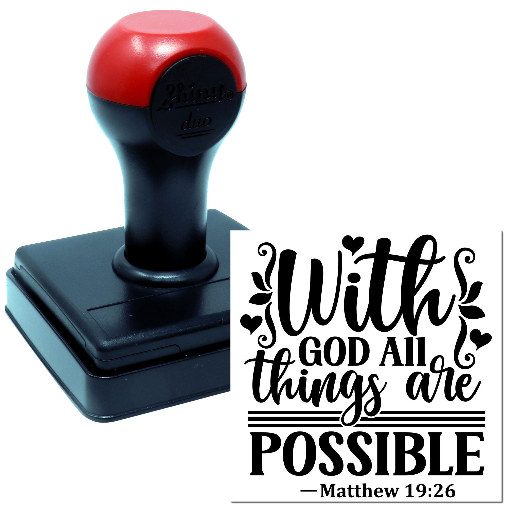 Custom self-inking rubber stamp featuring Bible verse, With God all things are possible Matthew 19:26.