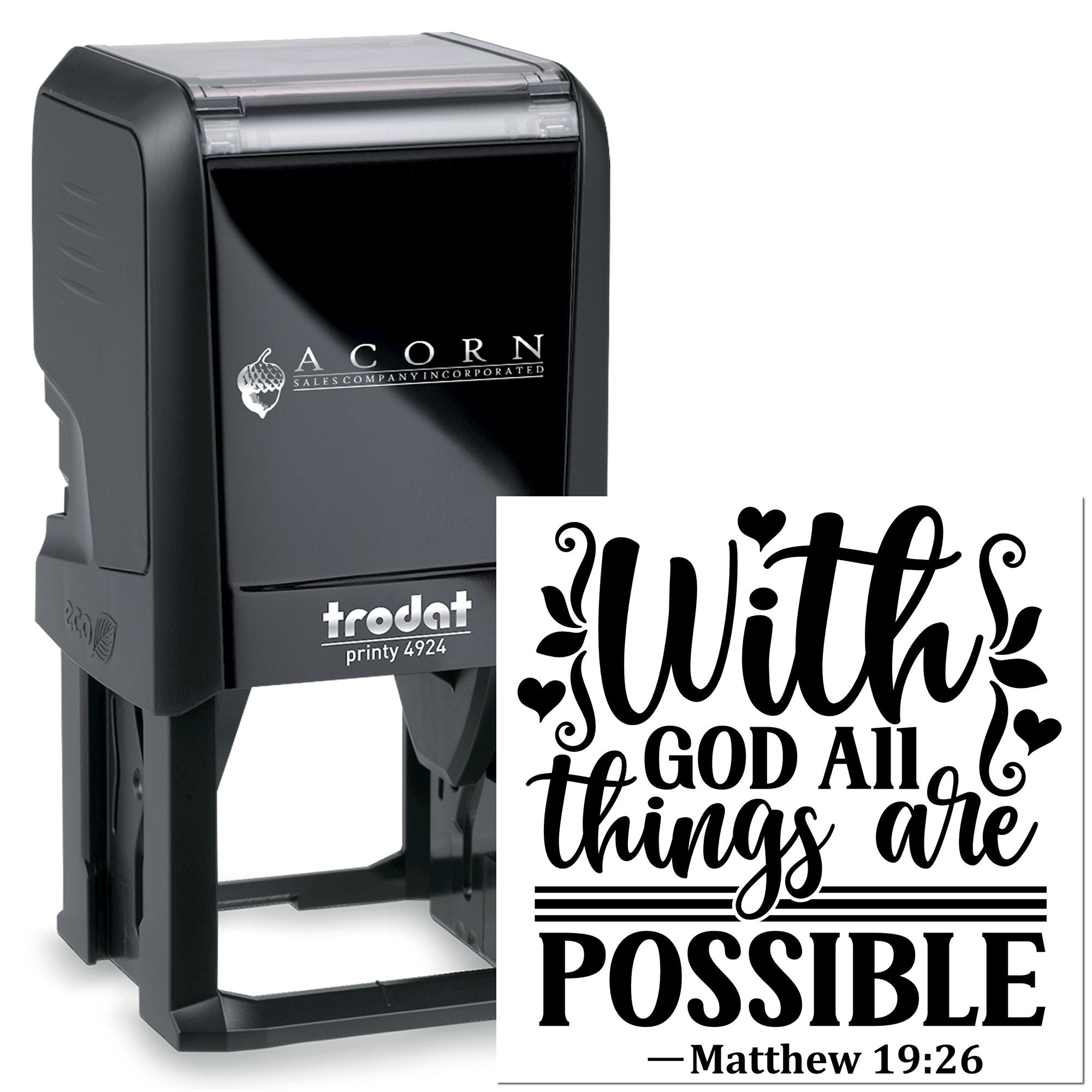 Trodat Printy 4924 self-inking rubber stamp with Christian Bible verse, With God all things are possible Matthew 19:26.