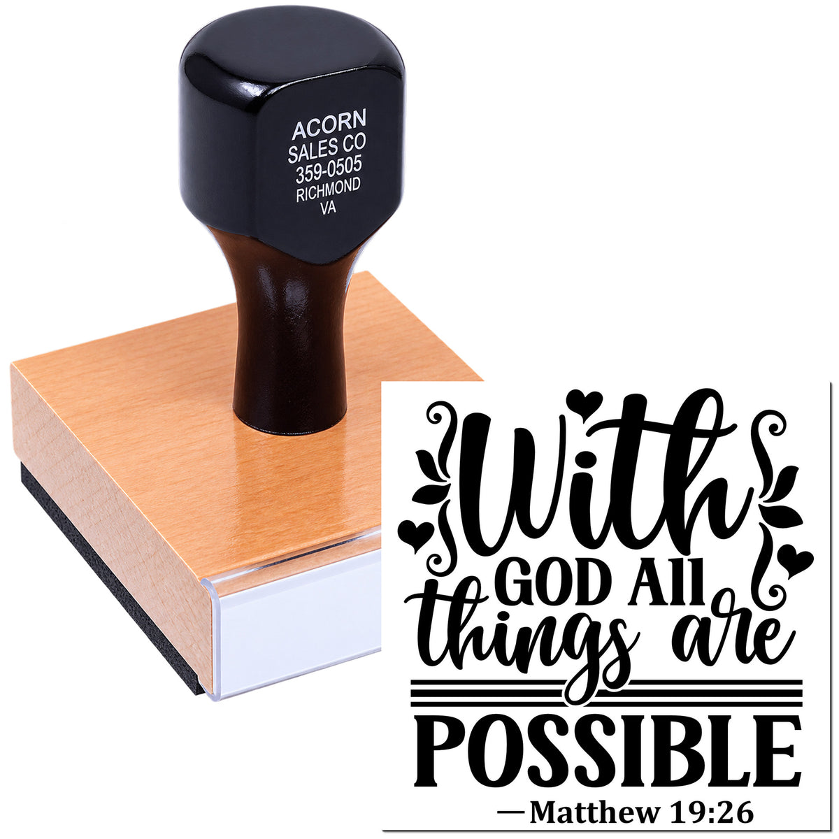 Custom rubber stamp with Matthew 19:26 quote, With God all things are possible, for inspirational crafts and branding.