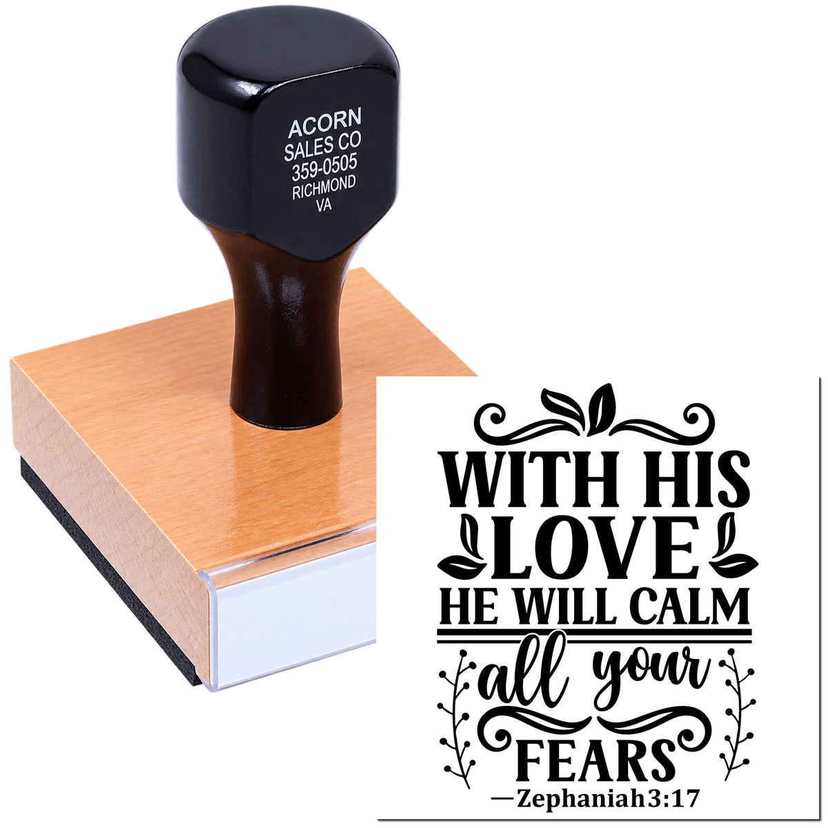 Christian Bible verse rubber stamp with Zephaniah 3:17 quote: With His love he will calm all your fears for faith crafting.