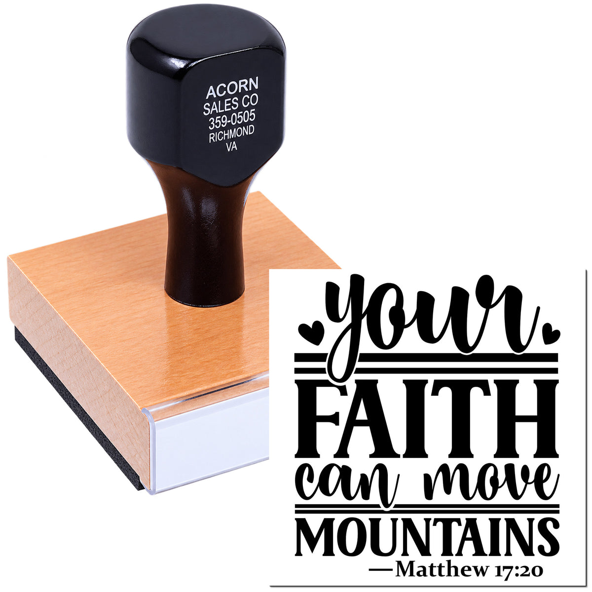 Custom rubber stamp with Your faith can move mountains Matthew 17:20 scripture design for faith-based crafting.