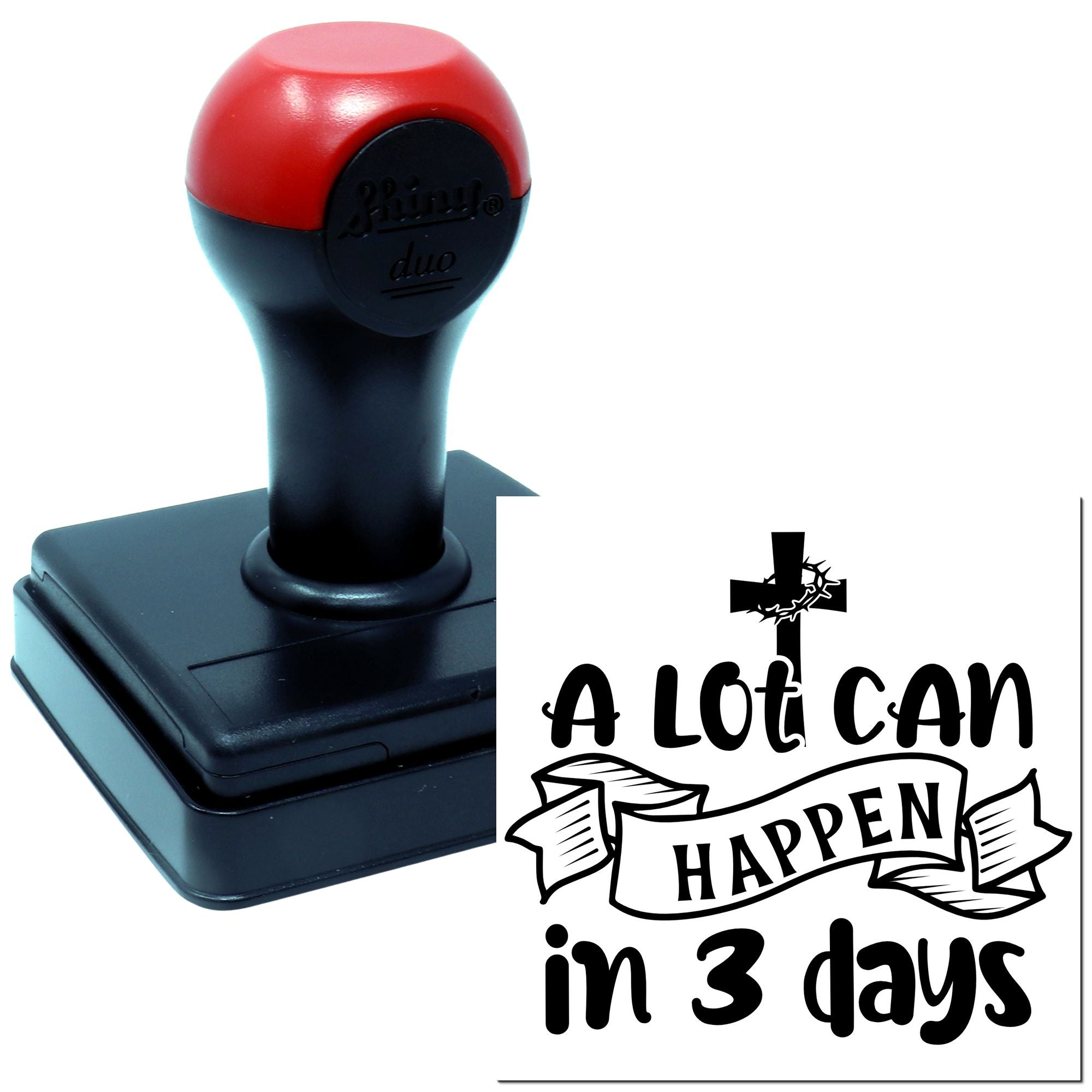 Self-inking rubber stamp with Christian cross design and A Lot Can Happen in 3 Days imprint