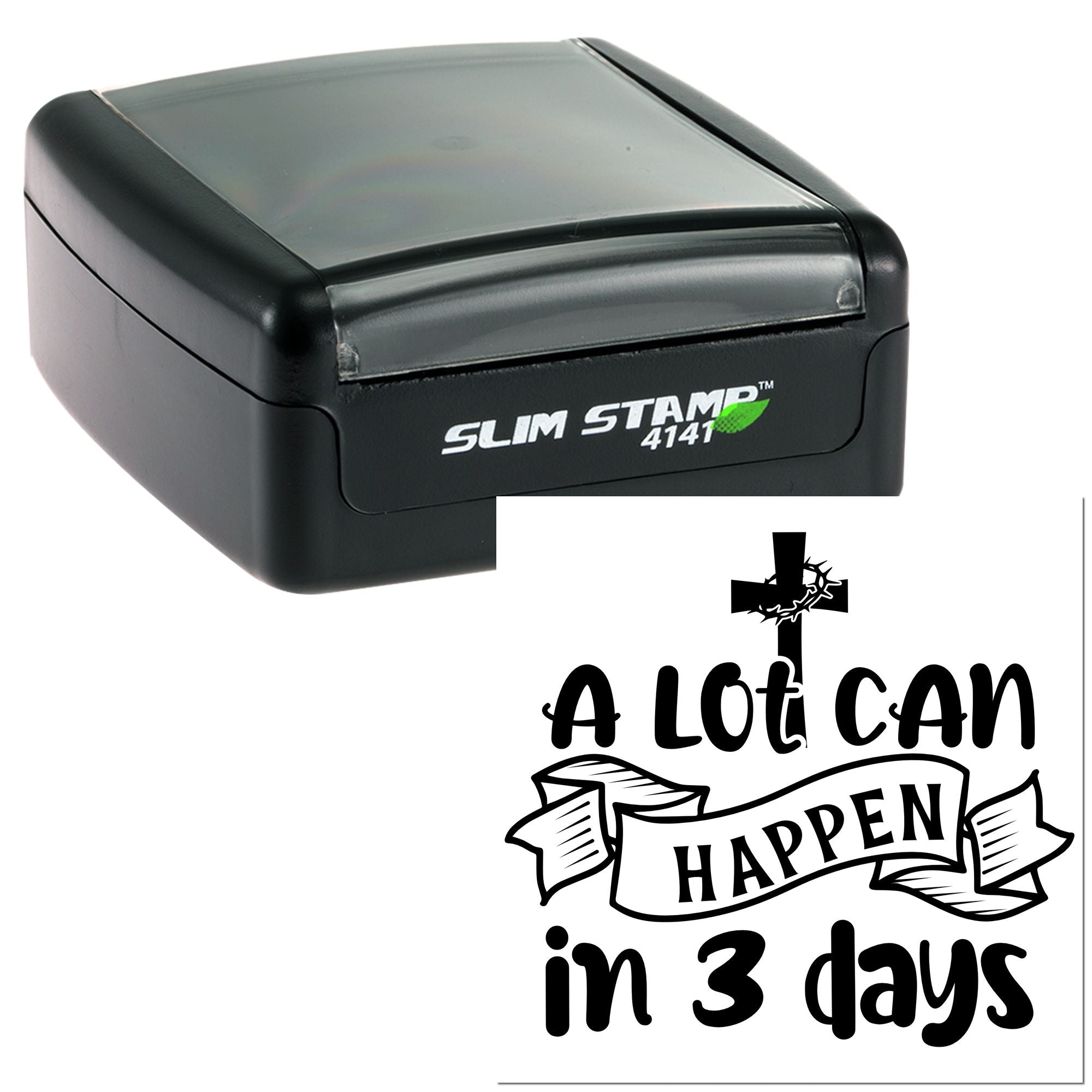 Self-inking rubber stamp with Christian Easter message, A Lot Can Happen in 3 Days, featuring a cross design.