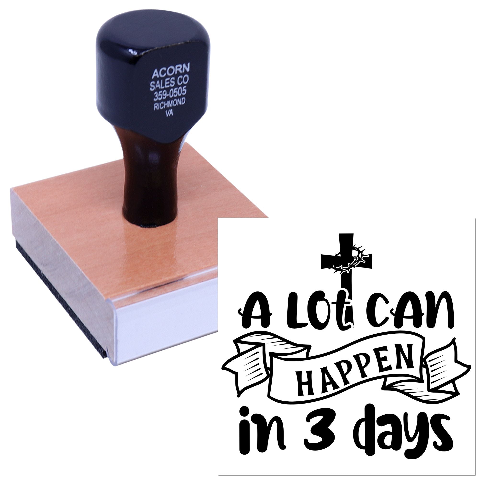 Custom rubber stamp with Christian Easter message, A Lot Can Happen in 3 Days, featuring a cross design.