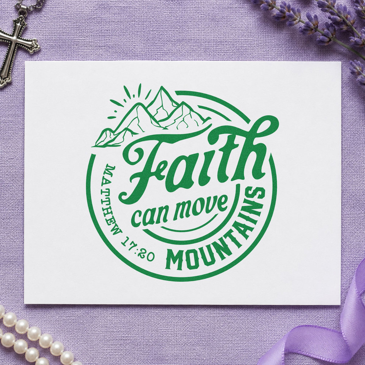 Faith Moves Mountains Circle Stamp – Wood Handle in use 3