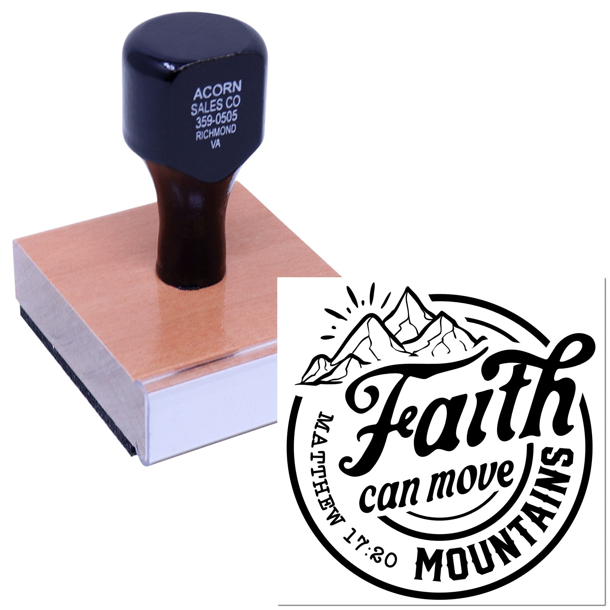 Custom rubber stamp featuring Faith can move mountains mountain logo and Matthew 17:20 verse.