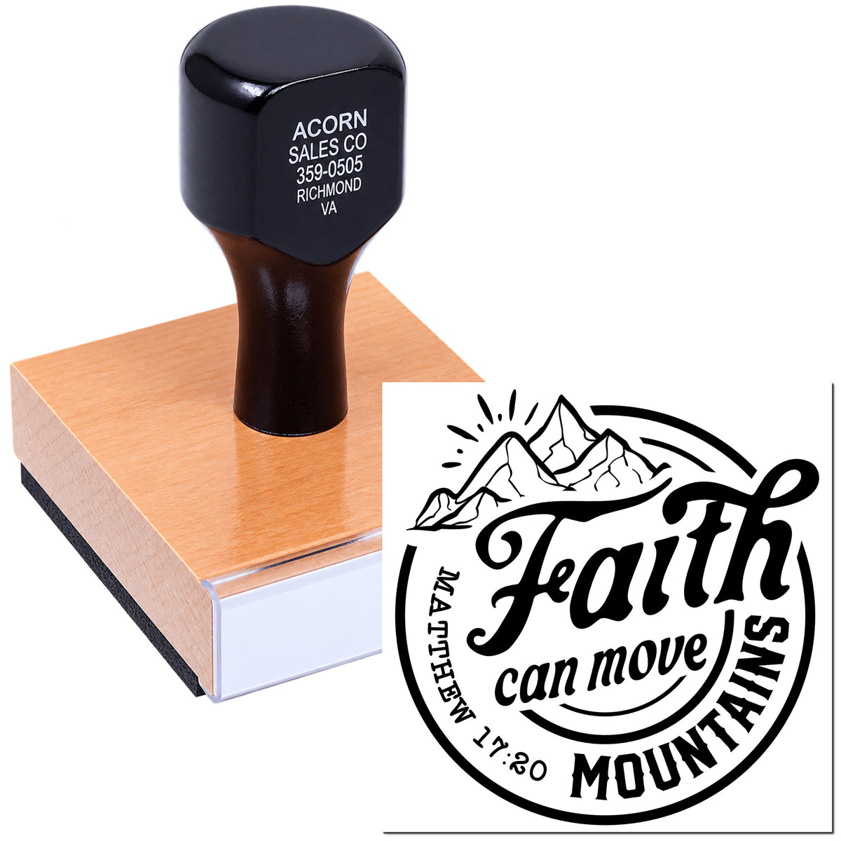 Custom rubber stamp featuring Faith can move mountains mountain logo and Matthew 17:20 verse.