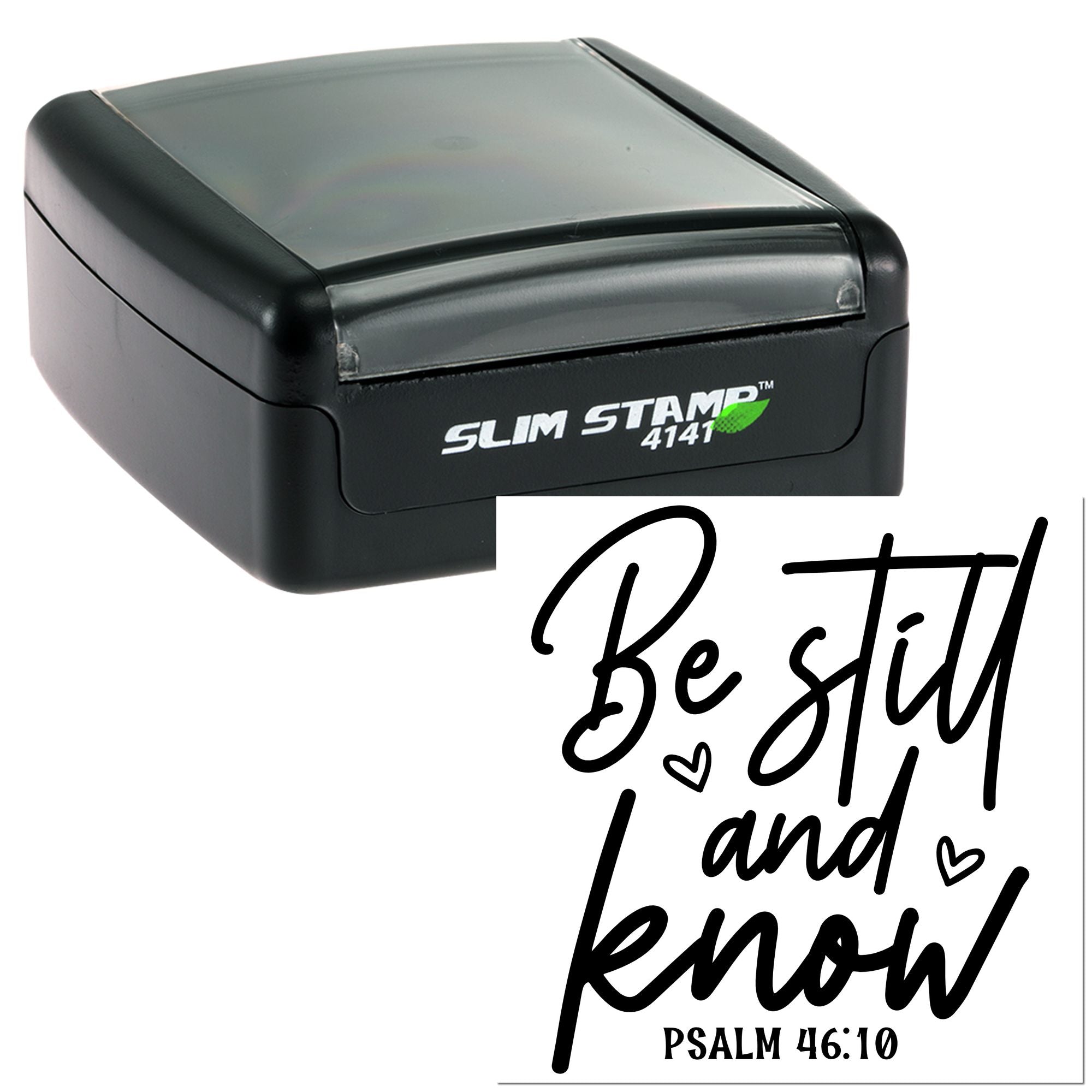 Slim Stamp 4141 self-inking rubber stamp with Be still and know Bible verse design, Psalm 46:10