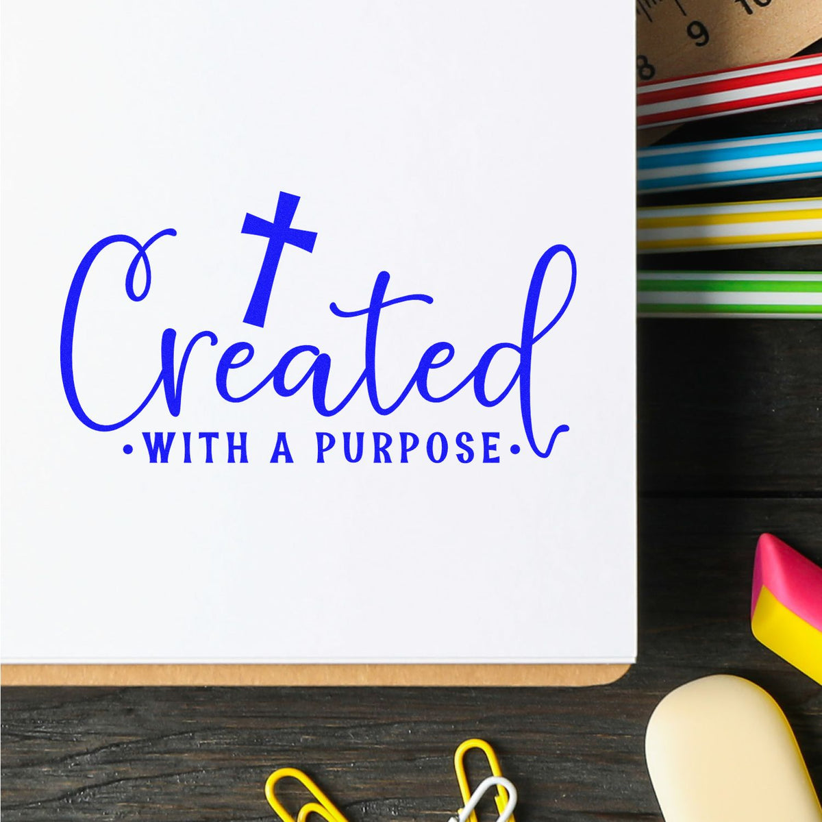 Custom rubber stamp design reading Created with a Purpose in blue, displayed on paper with stationery for faith-inspired crafting.