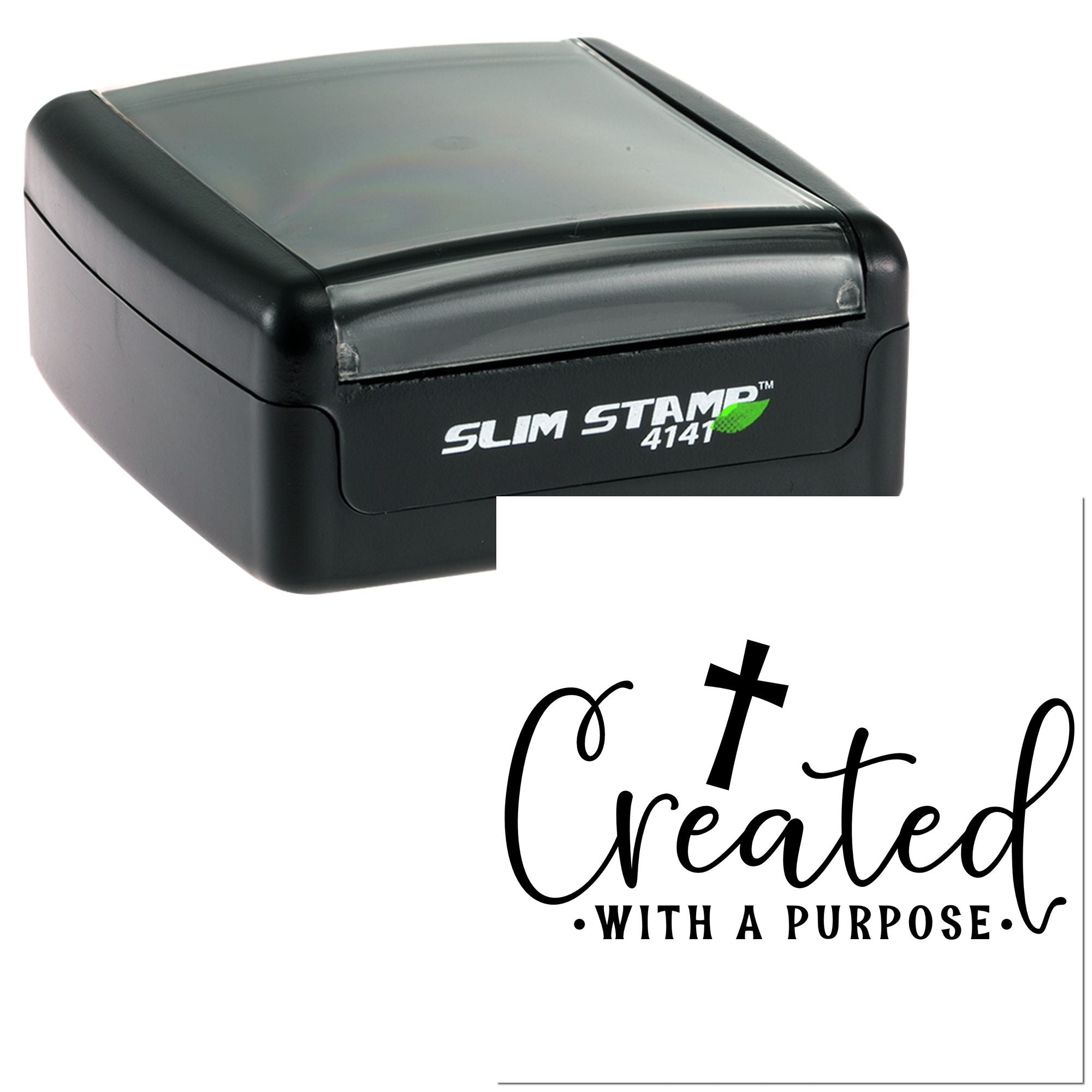 Slim Stamp 4141 self-inking rubber stamp with custom Created with a Purpose imprint for personalized business branding.