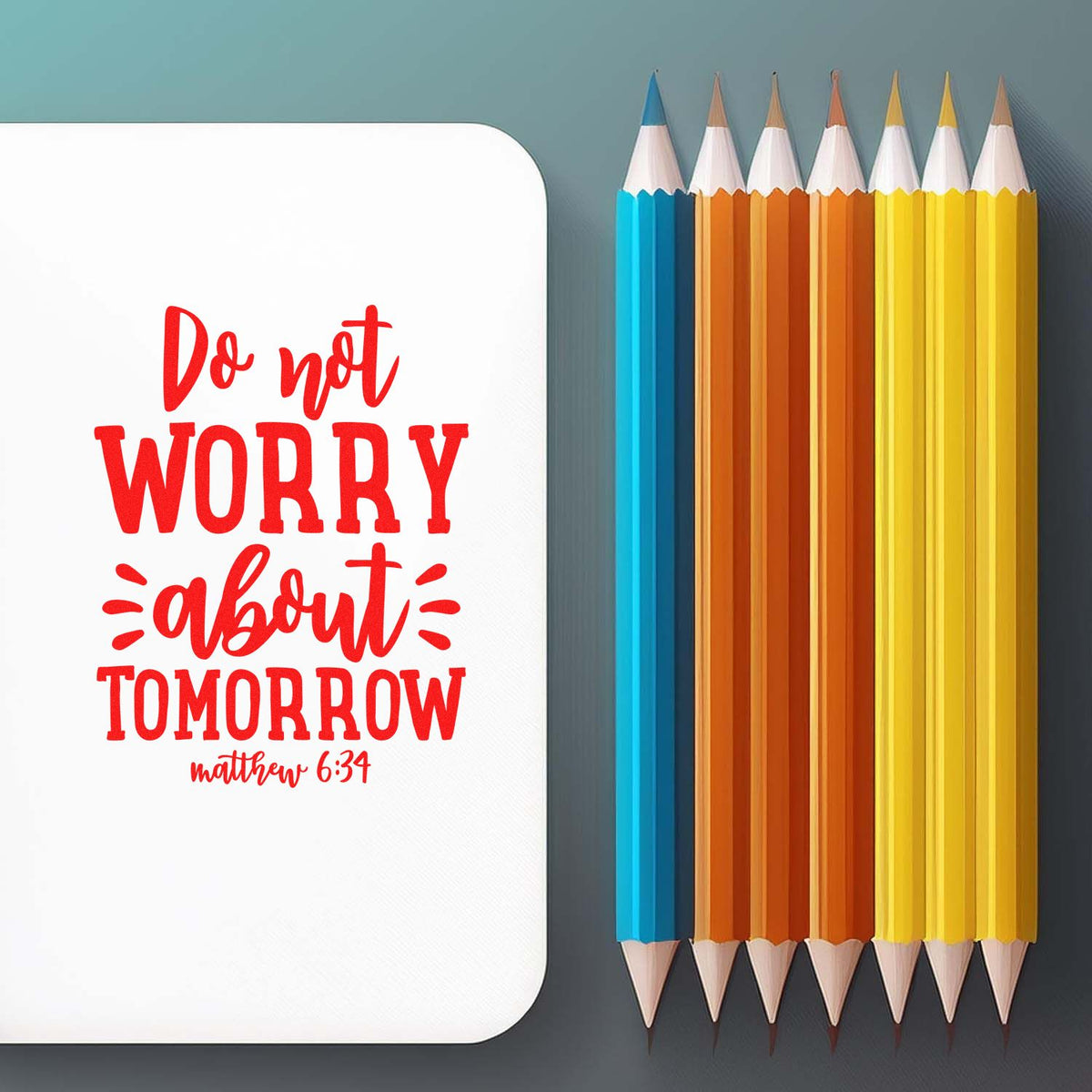 Inspirational Christian rubber stamp reading Do not worry about tomorrow with Matthew 6:34 scripture.