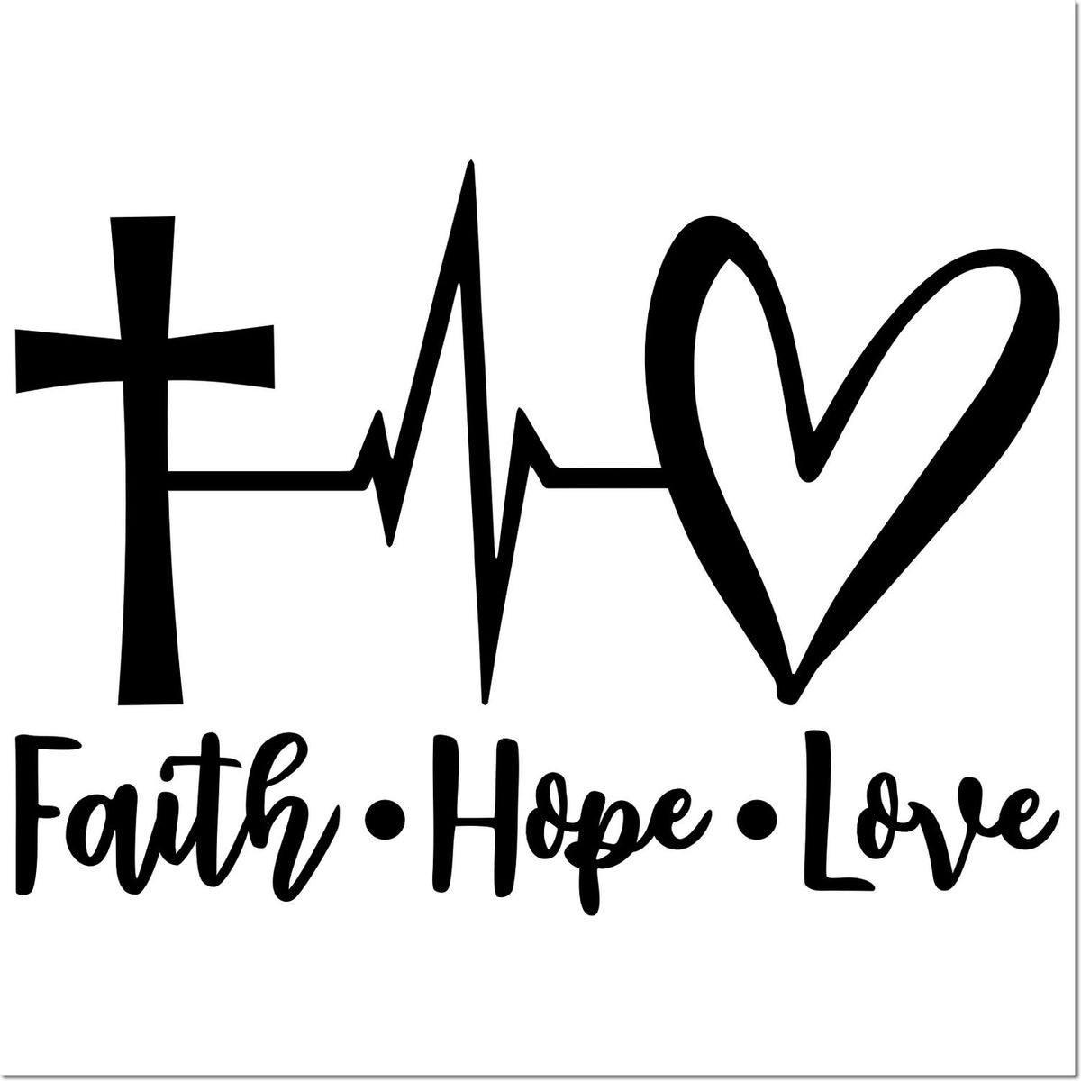 Faith Hope Love rubber stamp design with cross, heartbeat line, and heart for Christian crafts and gifts.