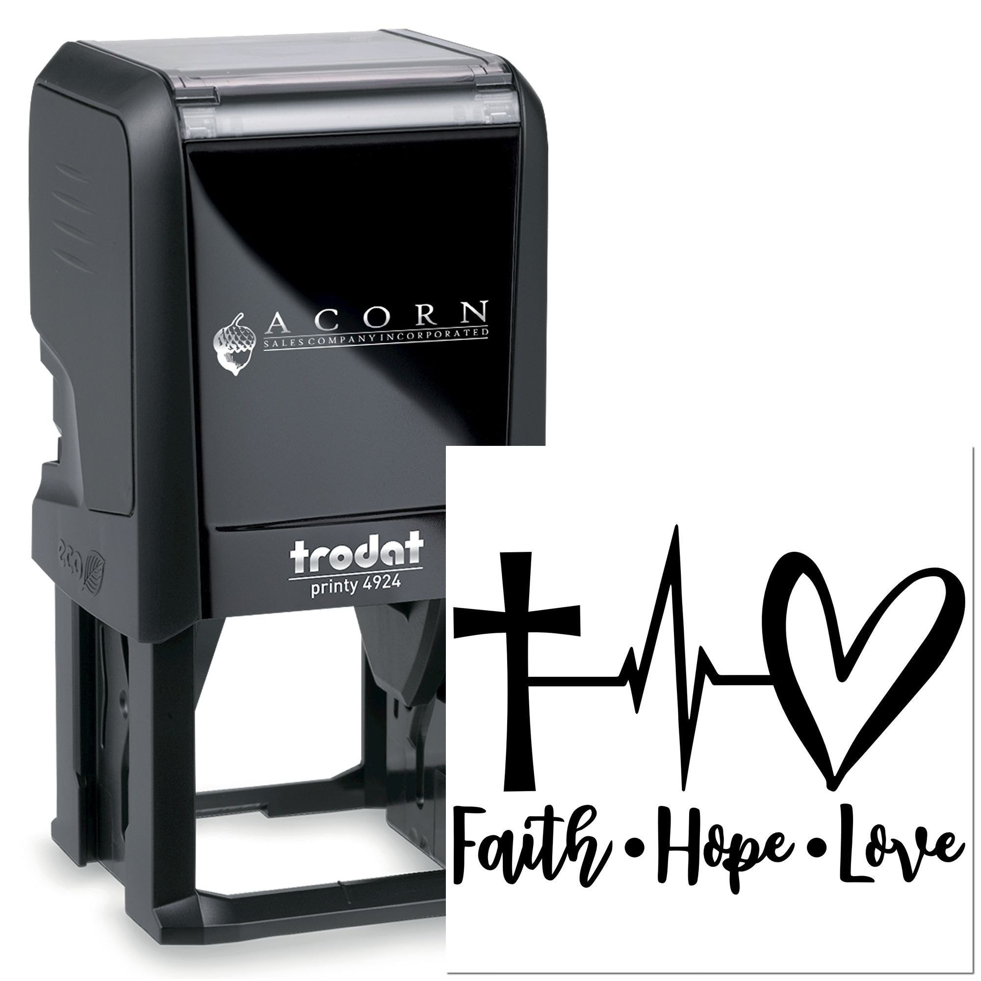 Custom self-inking rubber stamp, Trodat Printy 4924, with Faith Hope Love heartbeat design.