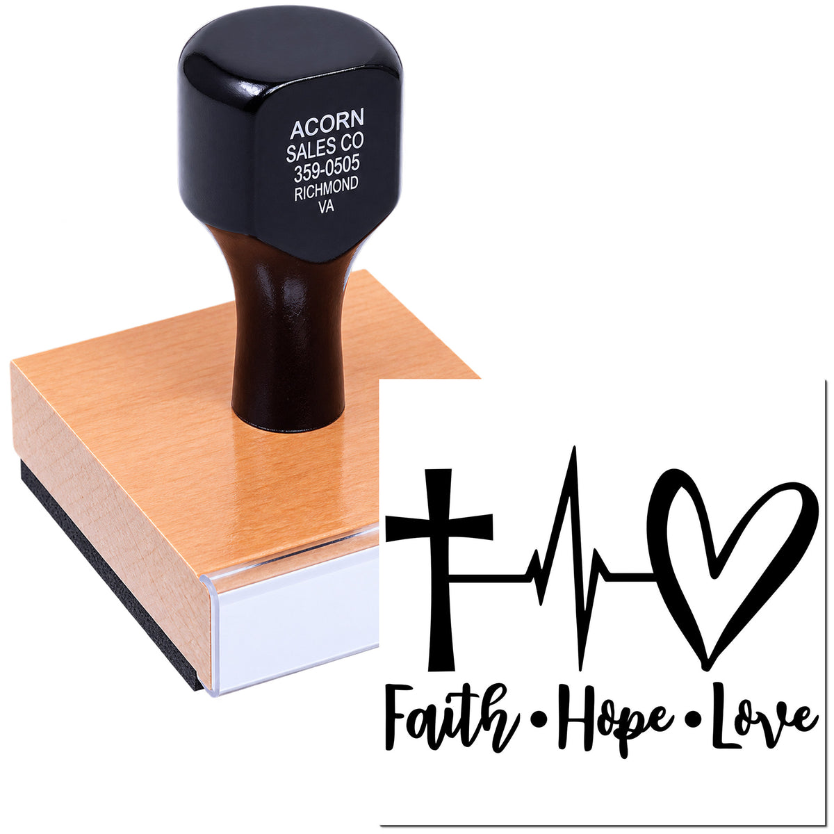 Custom Christian rubber stamp with Faith Hope Love design, cross, heartbeat and heart for inspirational cards and crafts.