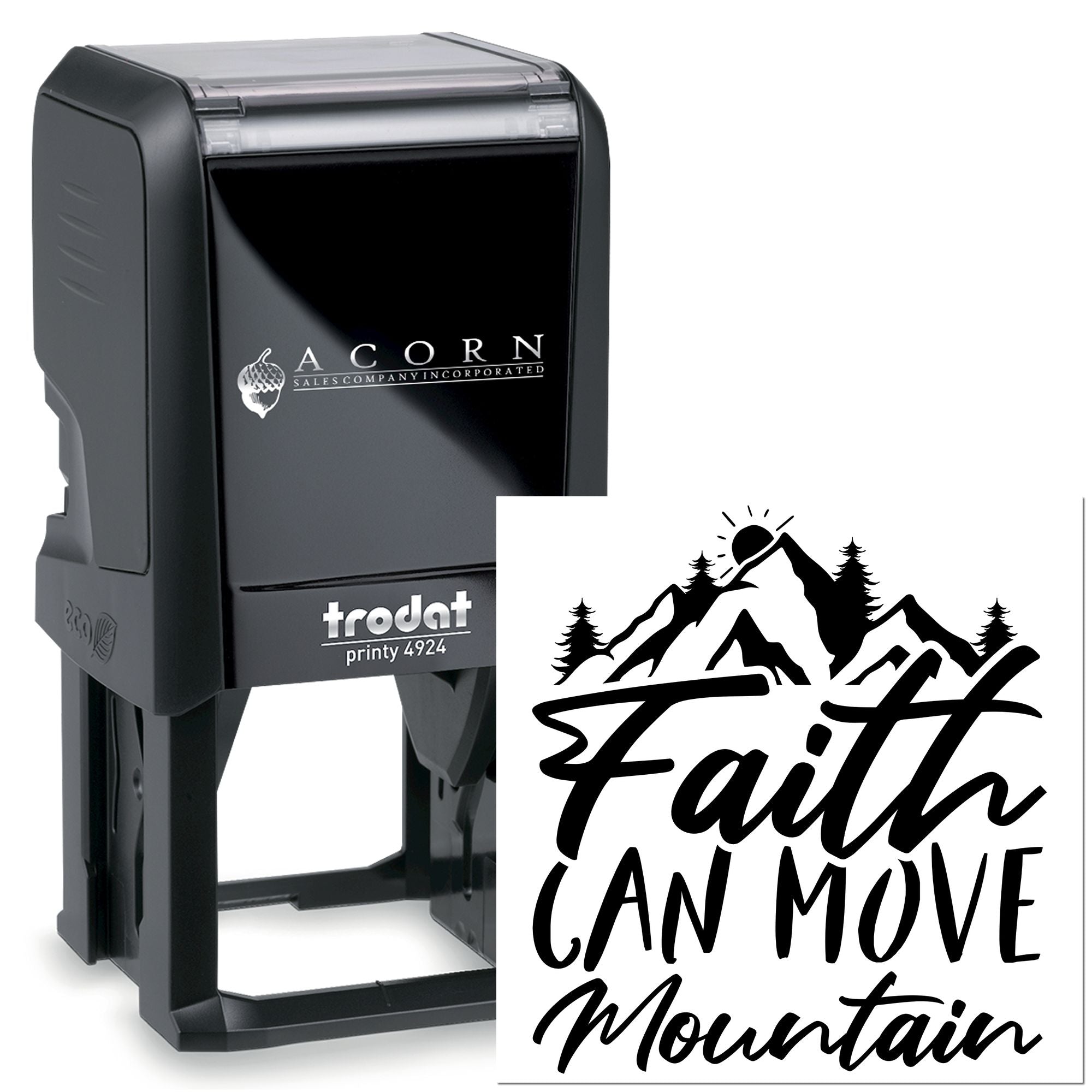Custom Trodat self-inking rubber stamp featuring Faith Can Move Mountains mountain design imprint