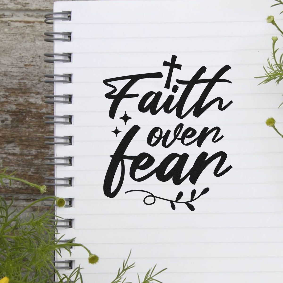 Christian faith rubber stamp design with cross and script lettering reading Faith Love Fear for journals and crafts