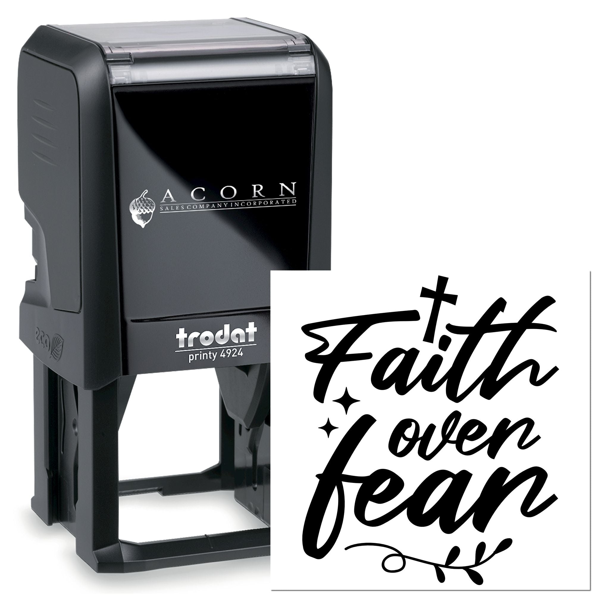 Custom self-inking rubber stamp with Faith, Love, Fear design, ideal for personalized inspirational or religious stamping.