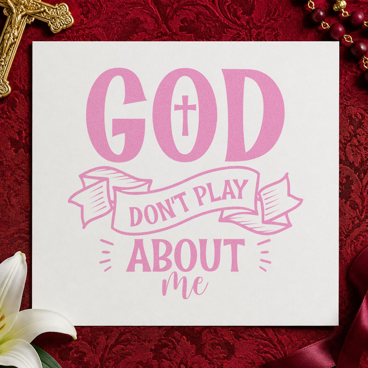 God Don't Play Ribbon craft stamp in purple ink on cardstock, an easy option for birthday gift tags.