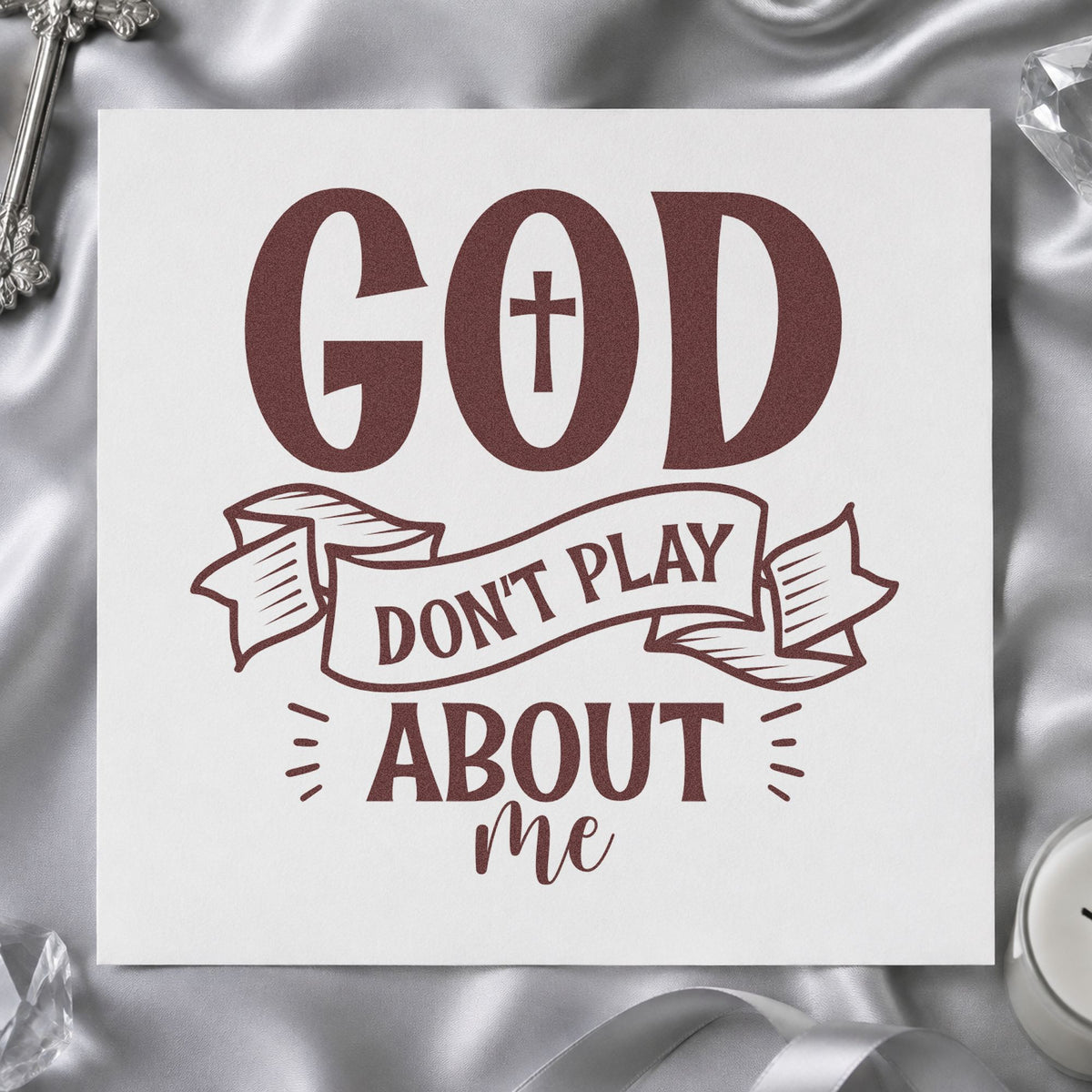 God Don't Play Ribbon rubber stamp printed in brown ink, ready for friend photo pages and similar paper crafts.