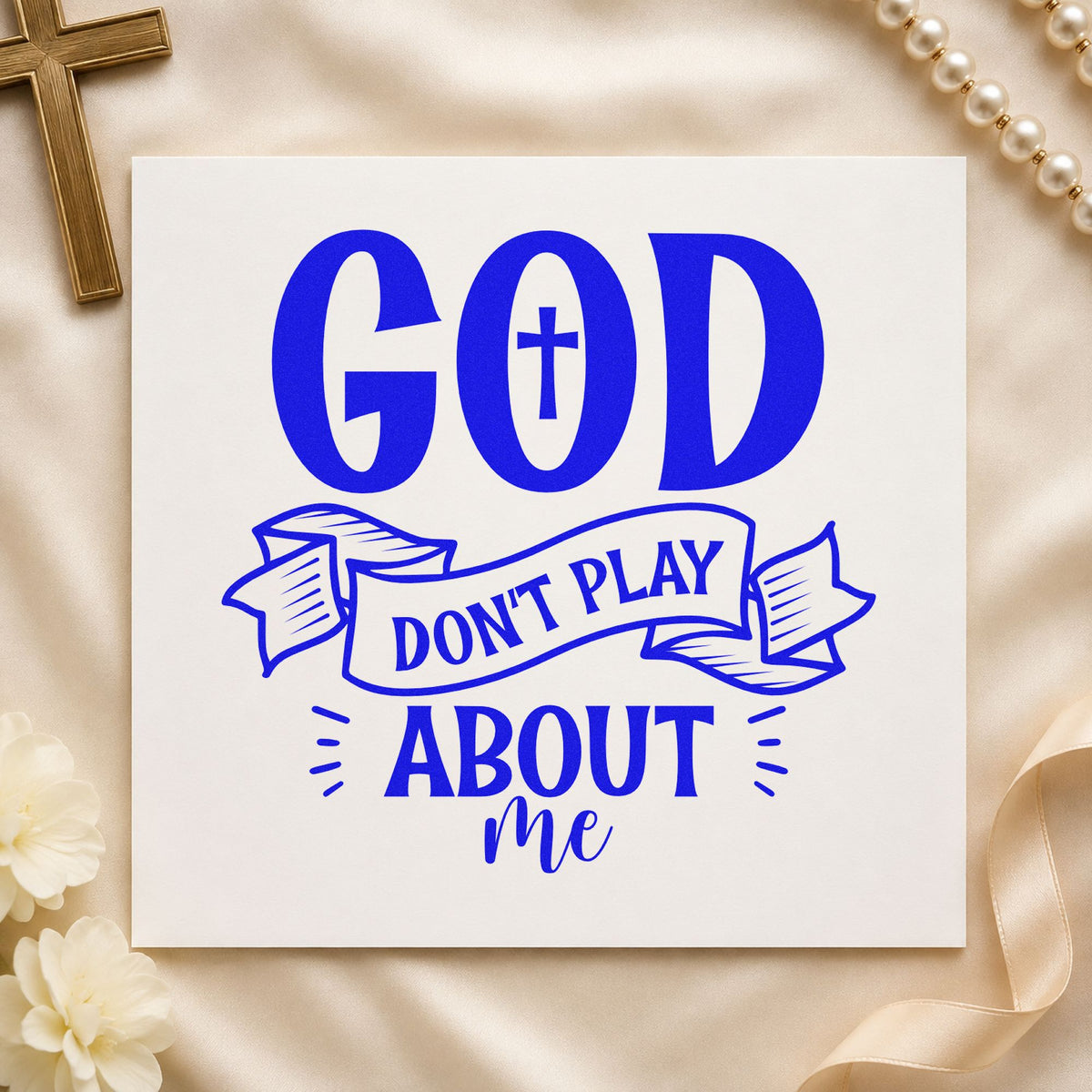 God Don't Play Ribbon craft stamp imprinted in blue ink on paper, a design suited to group chat gifts.