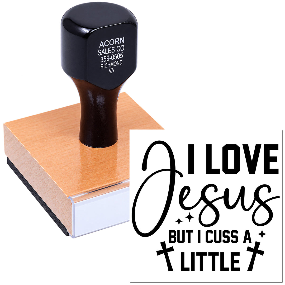 Christian rubber stamp with I Love Jesus but I Cuss a Little design, ideal for faith-based crafts, cards, and Bible journaling.