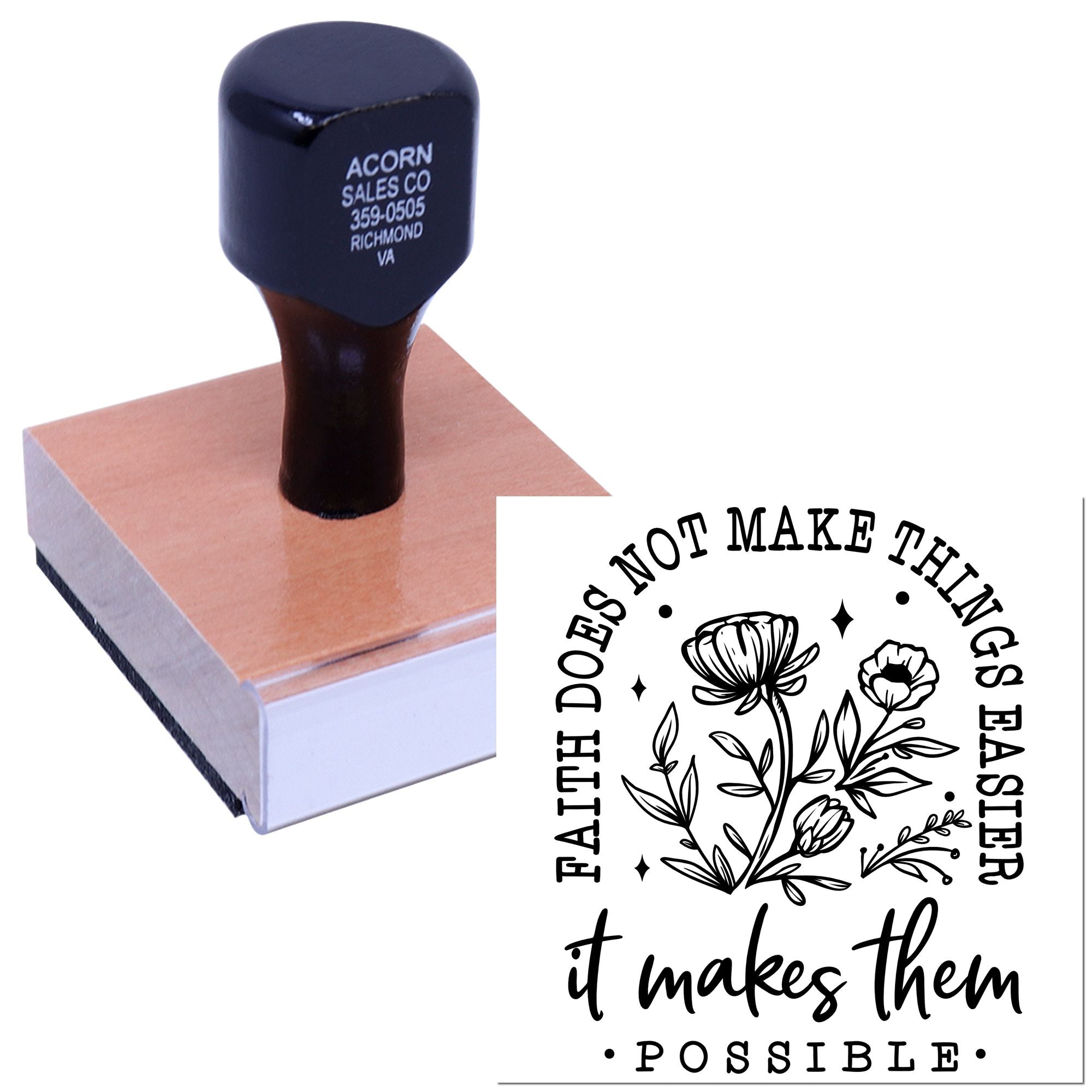 Custom rubber stamp with floral inspirational quote design for handmade packaging, craft branding, and stationery.