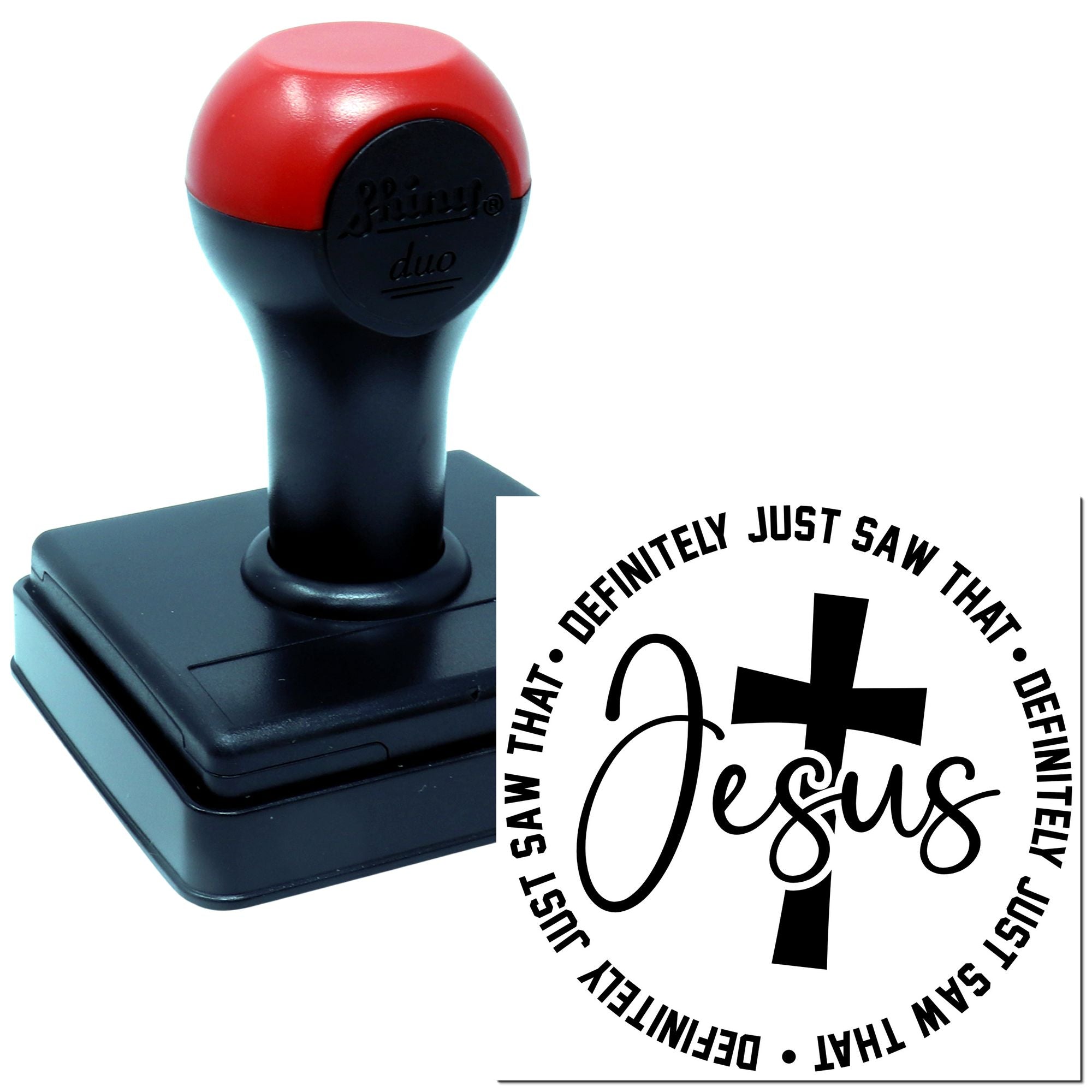 Self-inking Christian rubber stamp with Jesus design and I saw that message for church or faith-based use.