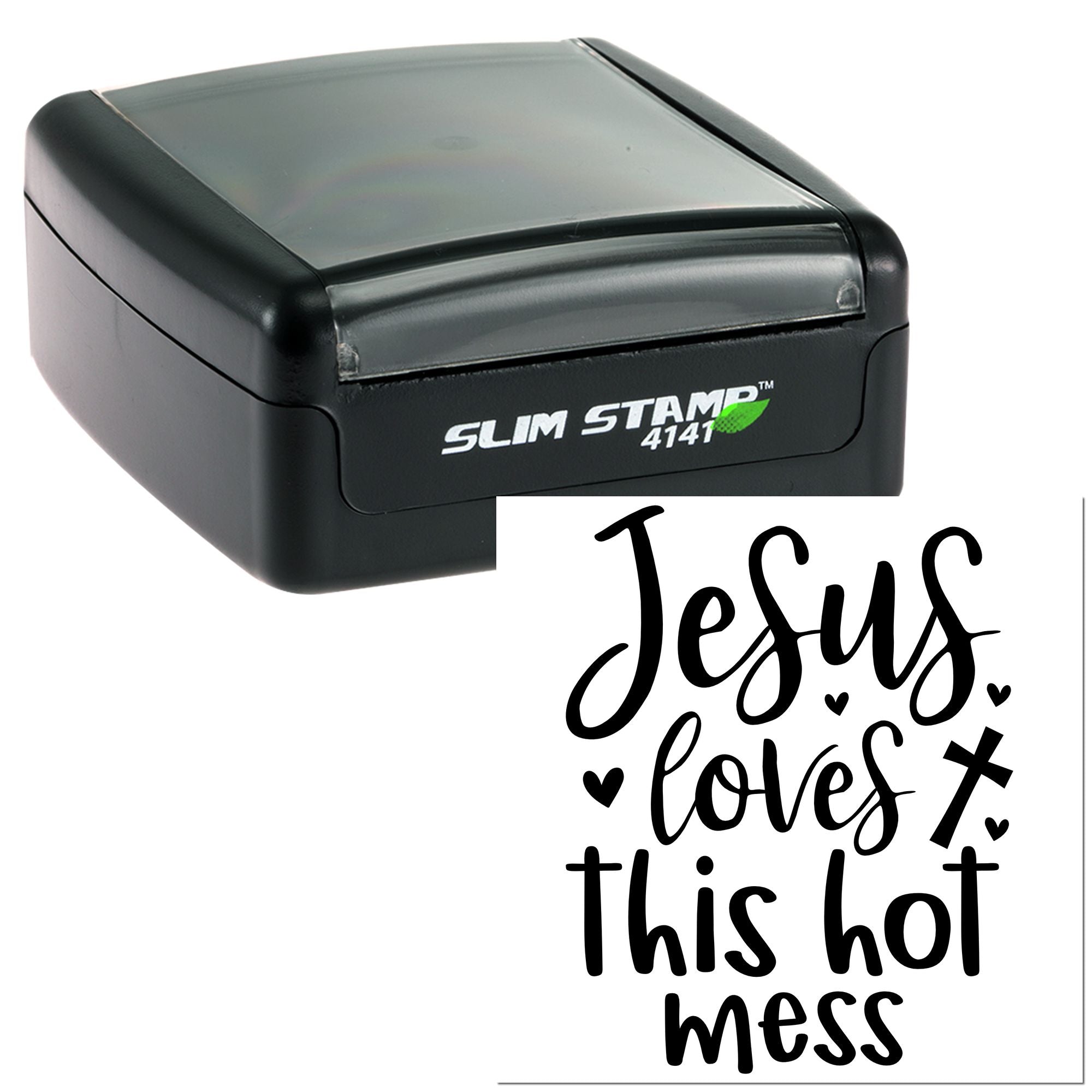 Slim self-inking rubber stamp with Jesus loves this hot mess Christian design and cross.