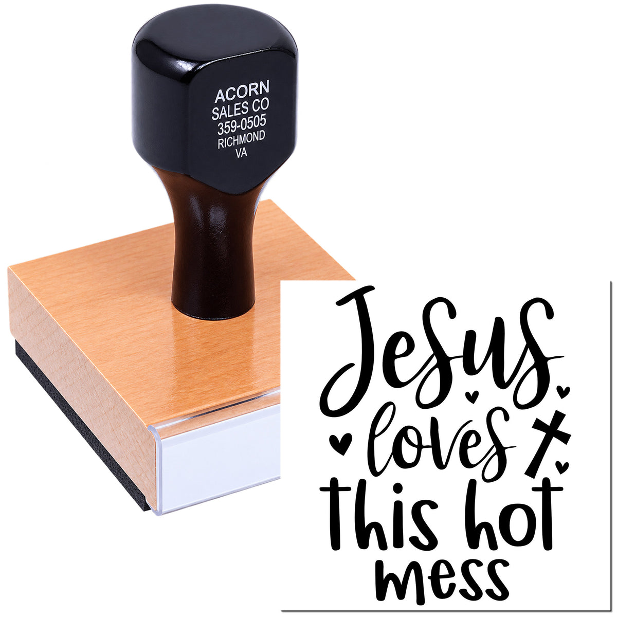 Christian custom rubber stamp reading Jesus loves this hot mess with hearts and cross for faith-based crafts.