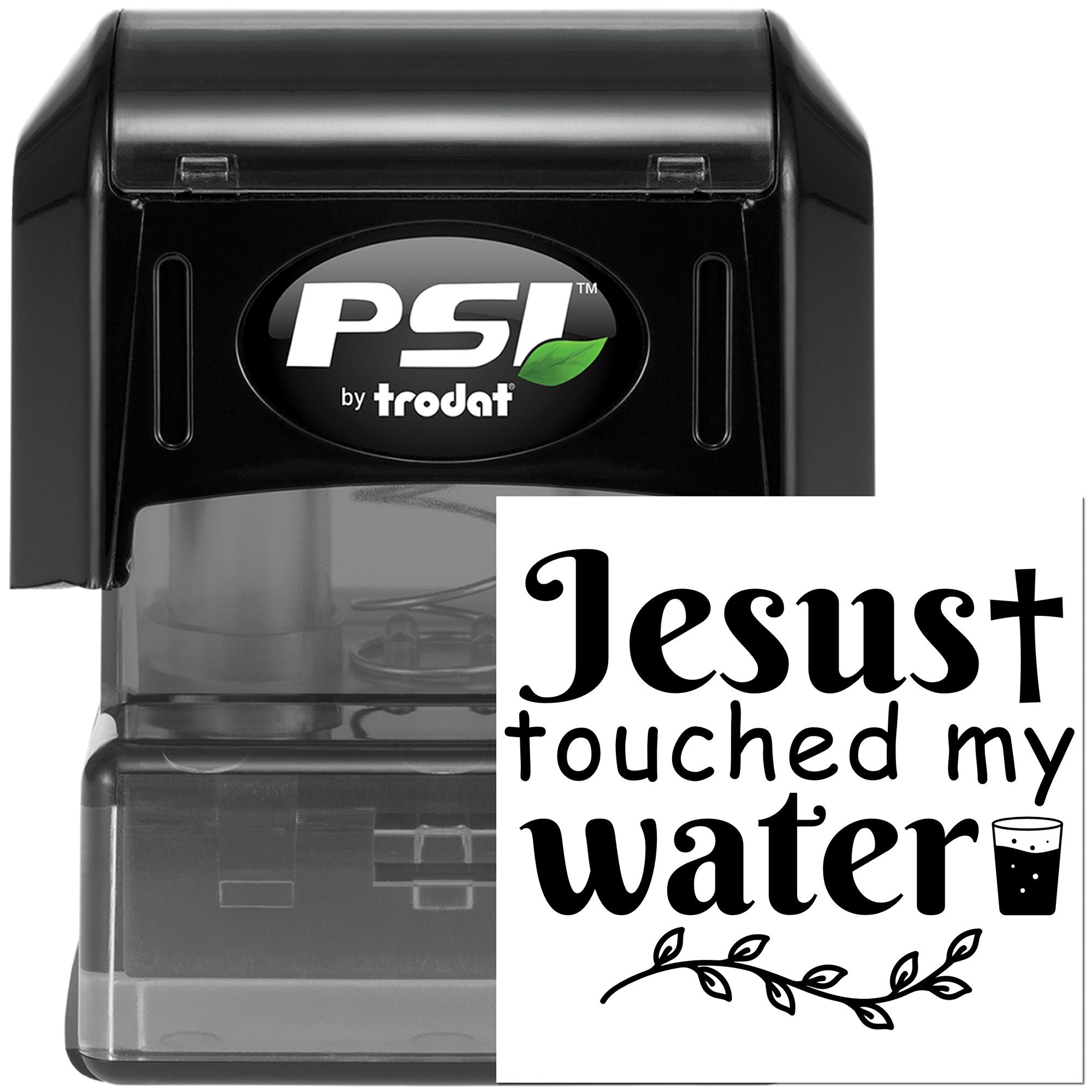 PSI by Trodat self-inking rubber stamp with custom Christian Jesus touched my water design for faith-based beverage labeling.