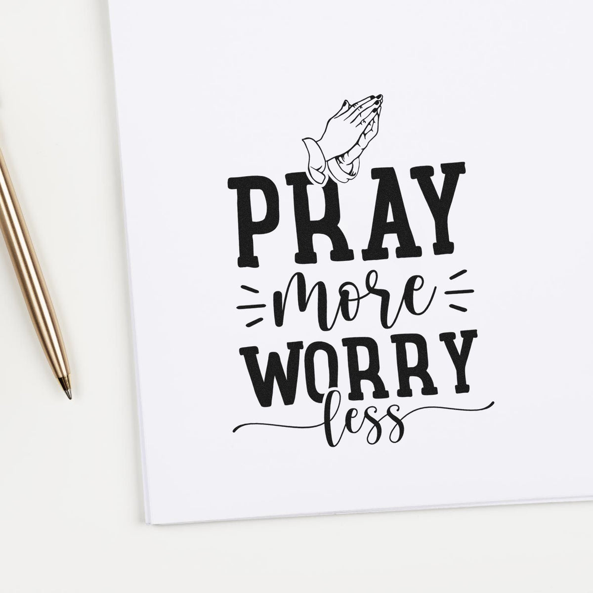Pray More Worry Less rubber stamp design with praying hands, ideal for faith-based stationery and journals