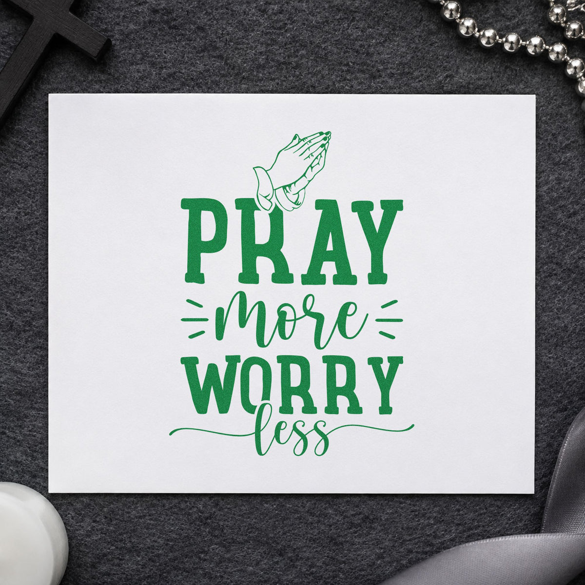 Pray More Worry Less Hands Wood Handle Stamp in use 3
