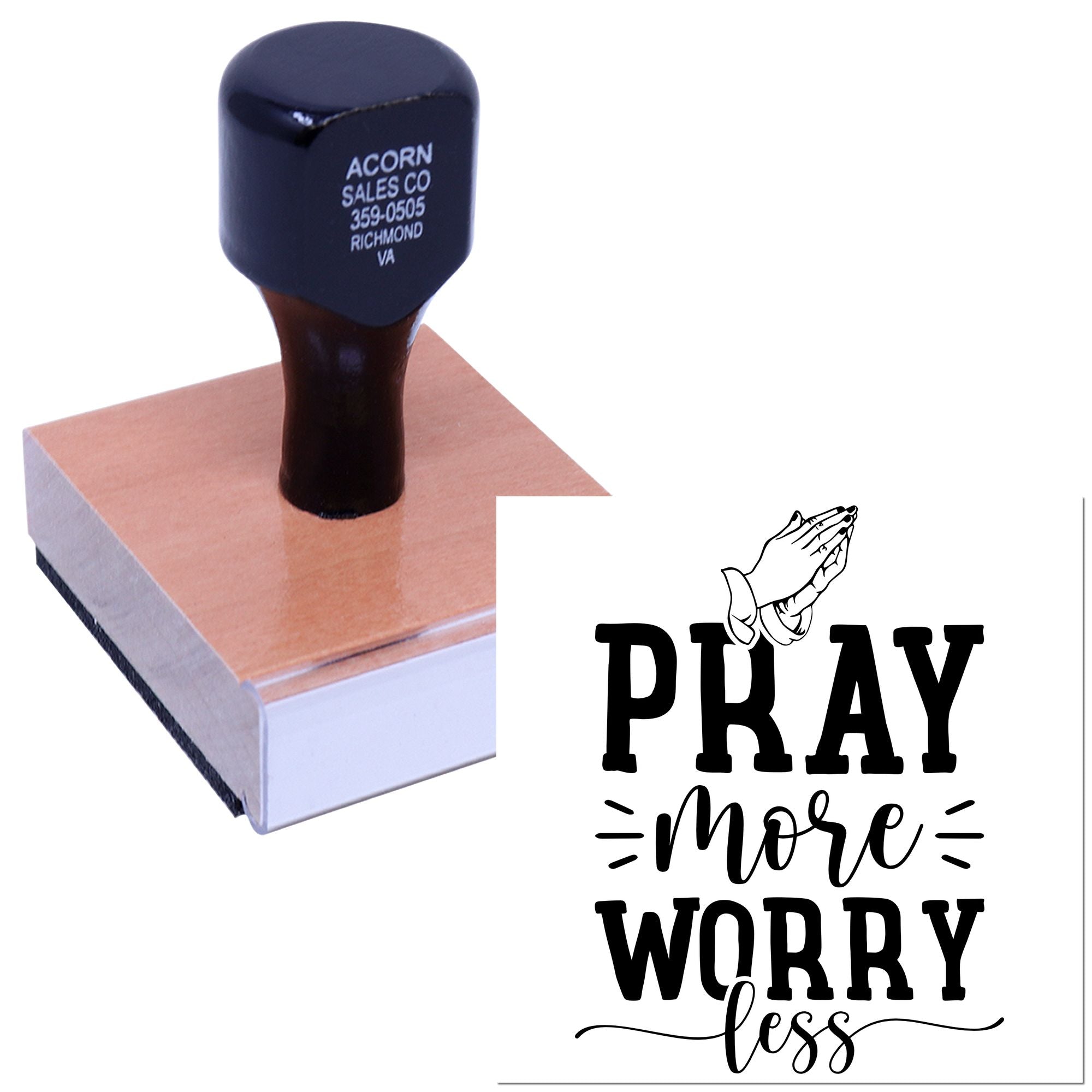 Custom rubber stamp with Pray More Worry Less design for faith-based crafts, church gifts, and inspirational paper projects.