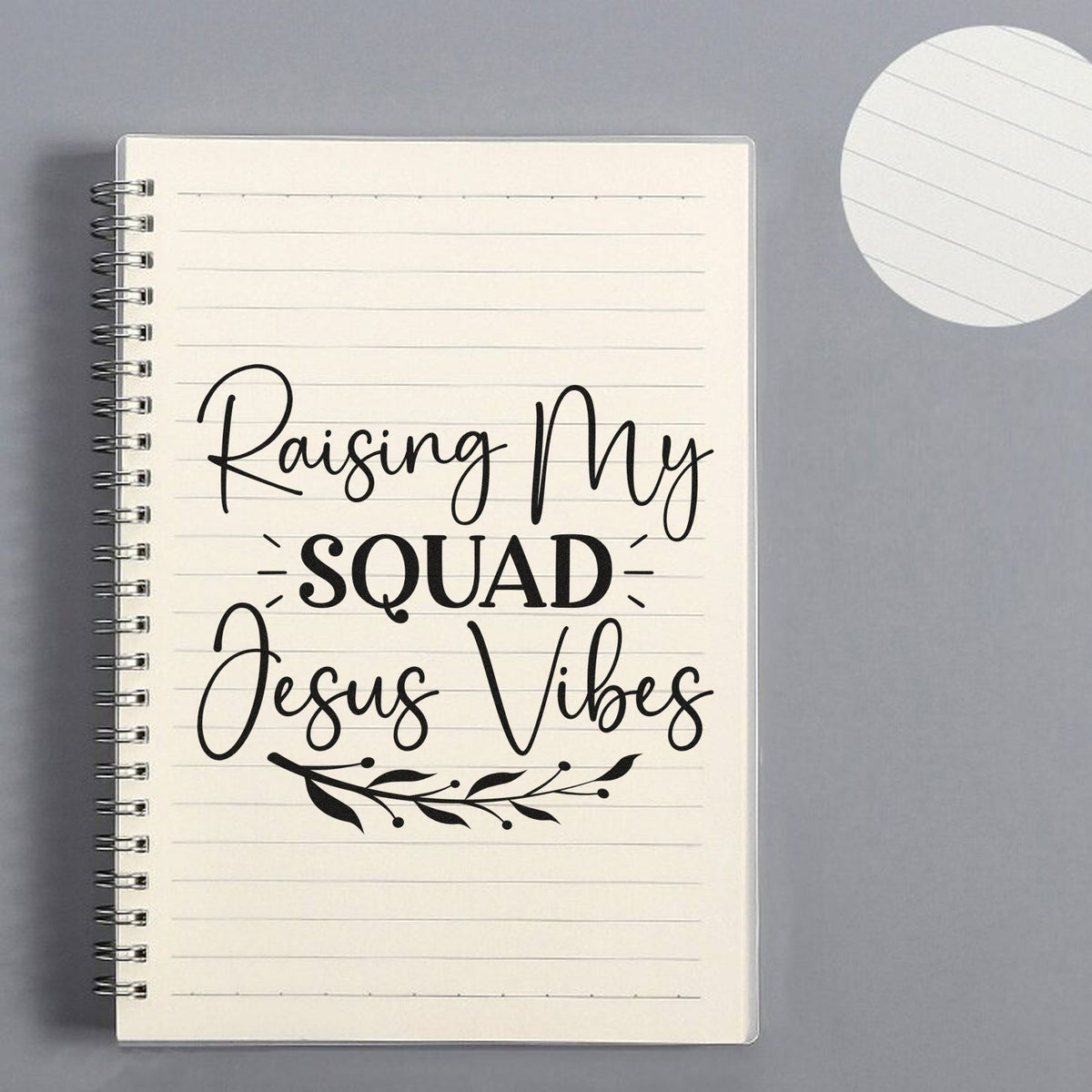 Christian rubber stamp design with Raising My Squad Jesus Vibes and leaf flourish, ideal for faith-based notebooks and crafts.