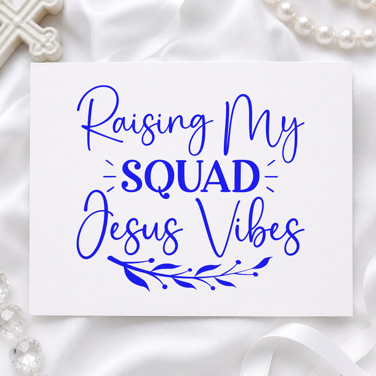Raising My Squad Jesus Vibes craft stamp imprinted in blue ink on paper, a design suited to minivan visor cards.