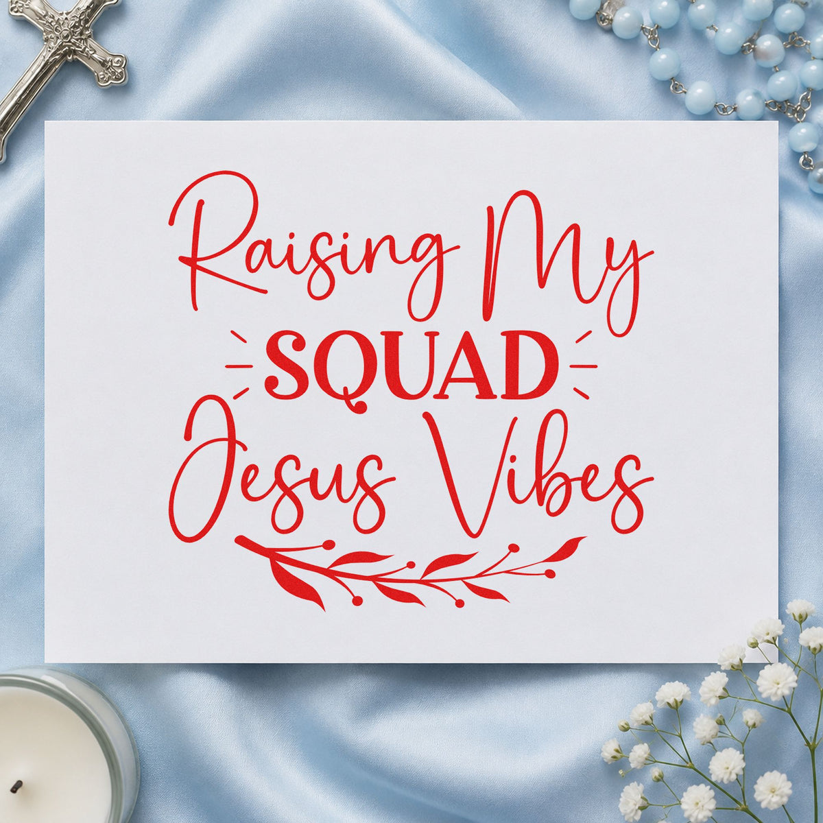 Raising My Squad Jesus Vibes rubber stamp shown in red ink, stamped for projects such as homeschool planners.
