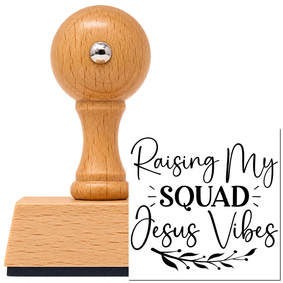 Raising My Squad Jesus Vibes Vintage Pro rubber stamp in European beech wood with a round knob handle, shown beside its black imprint.