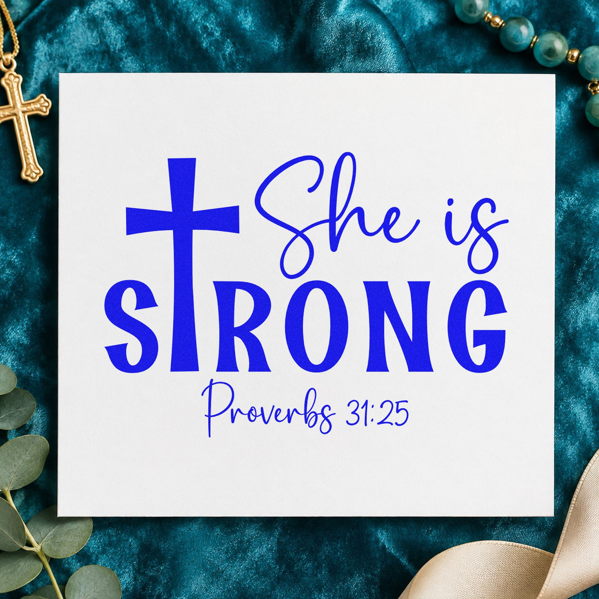 She Is Strong Cross Rubber Stamp – Duo Hand in use 5