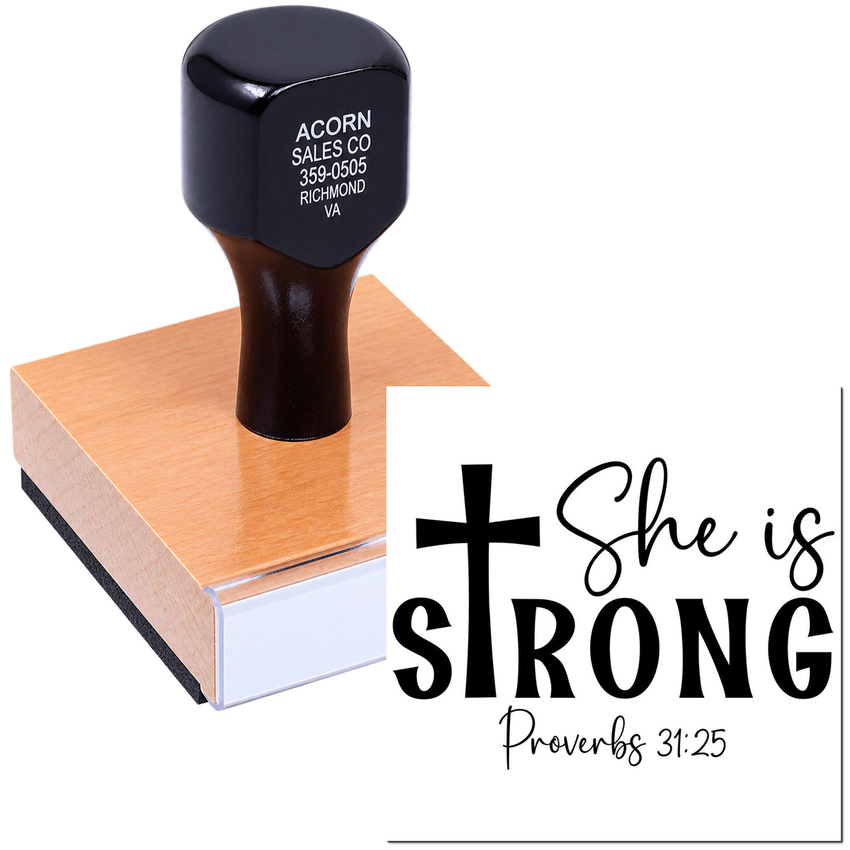 Faith-based custom rubber stamp with She is Strong Proverbs 31:25 design for Christian crafts and cards.