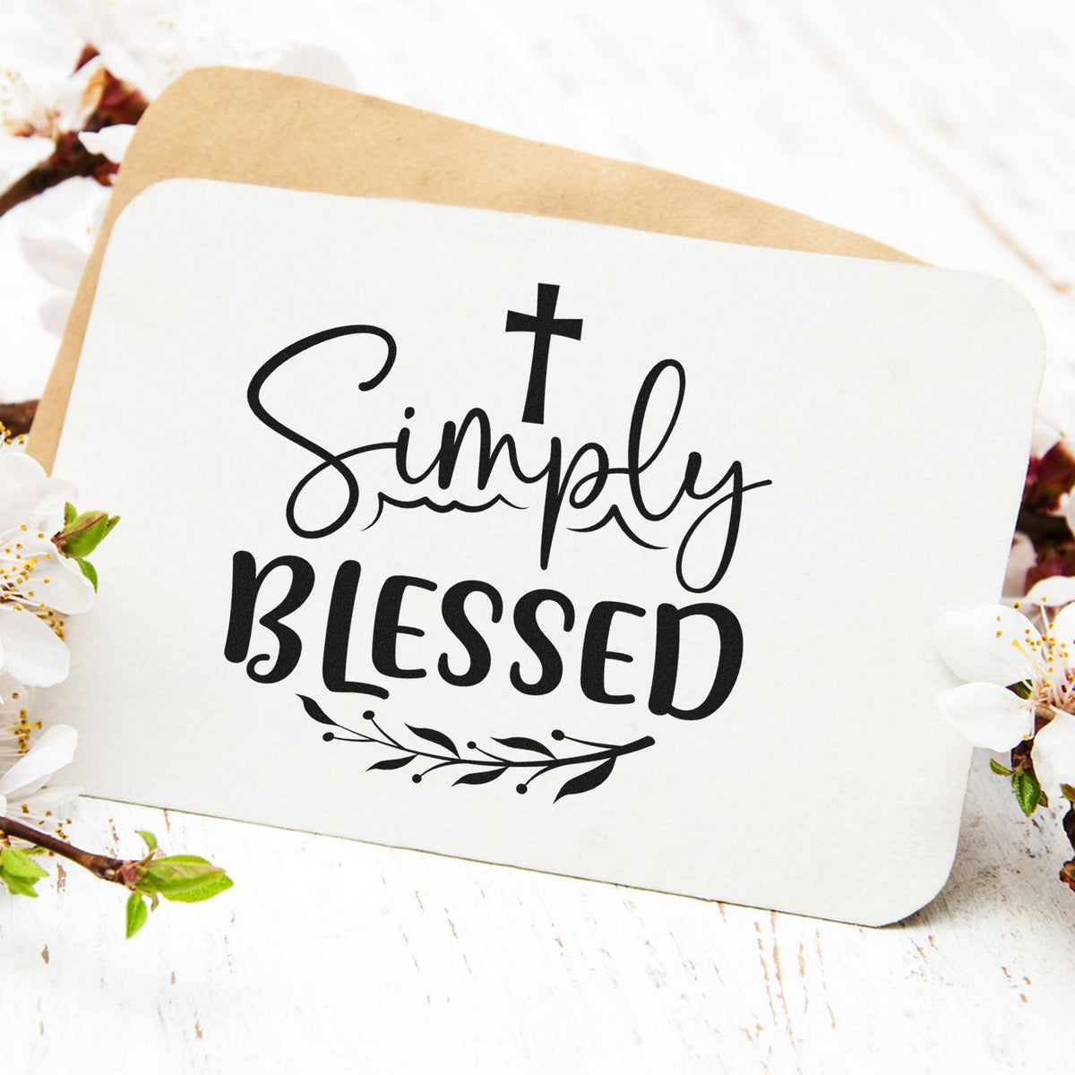 Faith-based Simply Blessed rubber stamp design with cross and floral accent for handmade cards and Christian crafts.