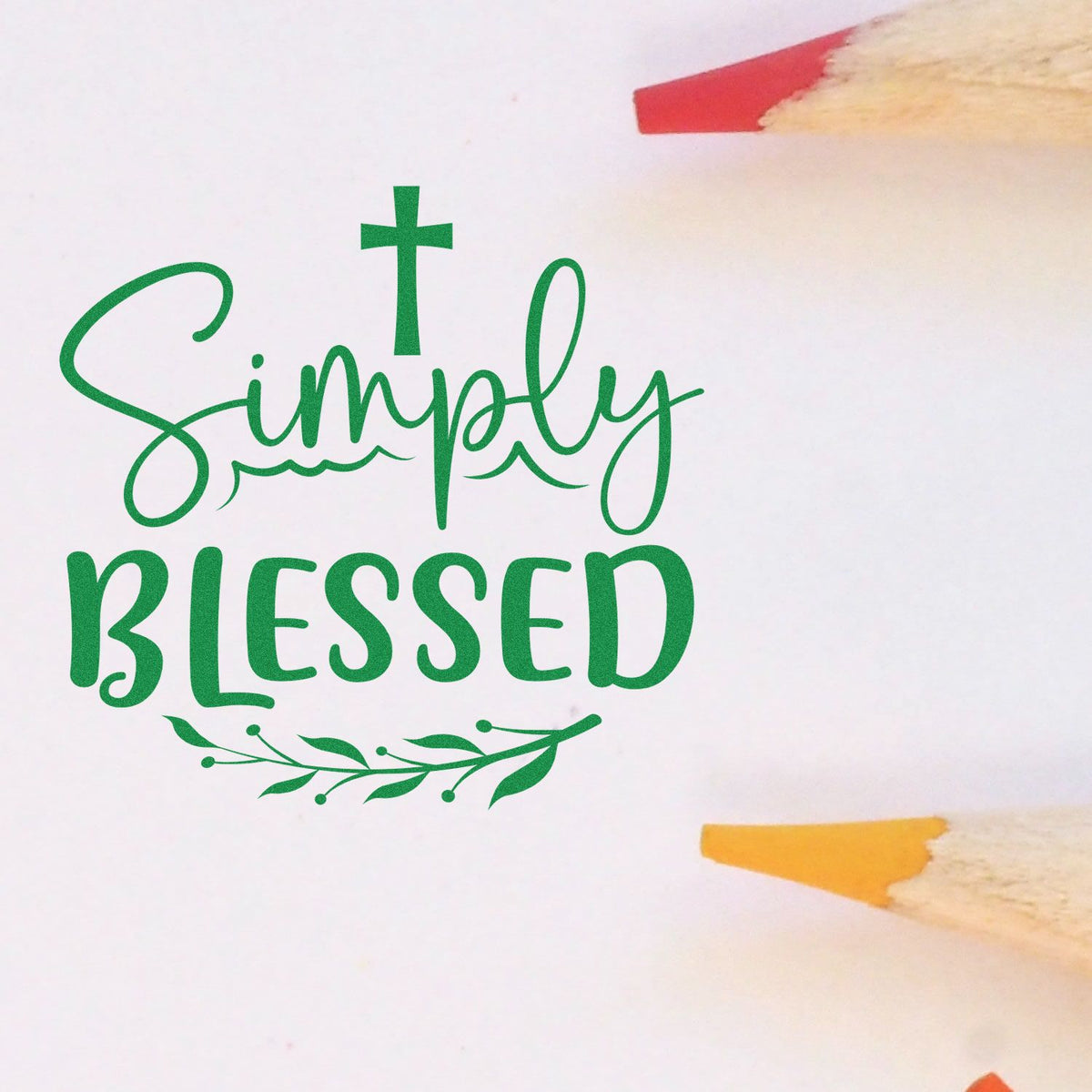 Christian rubber stamp design reading Simply Blessed with cross and floral leaves, ideal for faith-based crafts.
