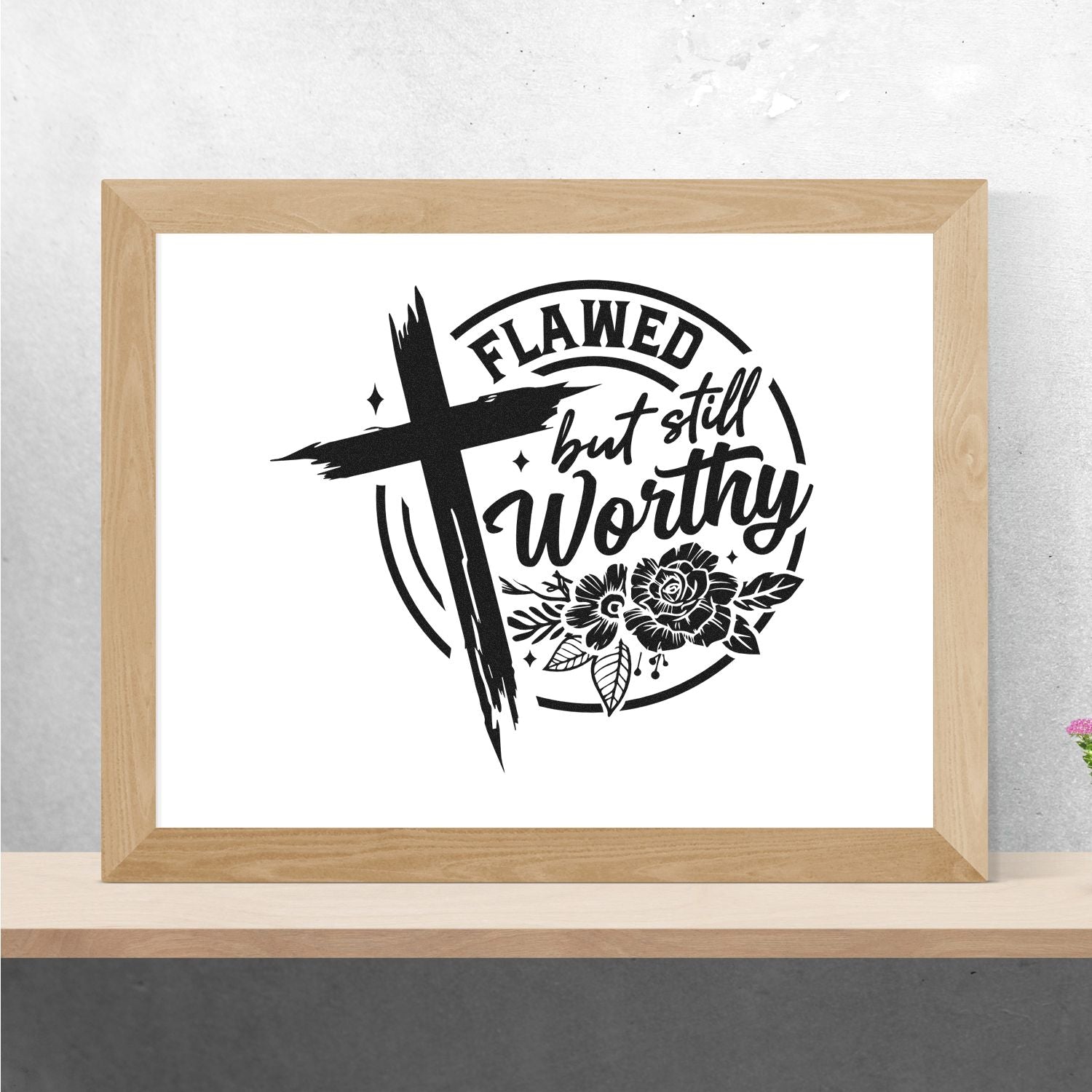 Inspirational Christian rubber stamp design with cross and flowers reading Flawed but still worthy for faith crafts.