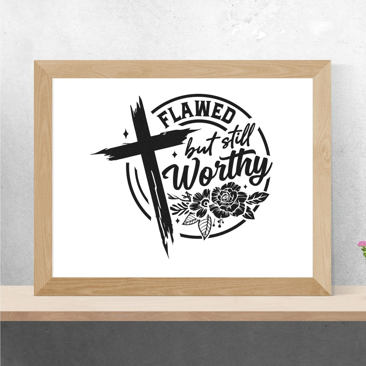 Faith-based rubber stamp design with cross and flowers reading Flawed but still worthy for encouraging handmade projects