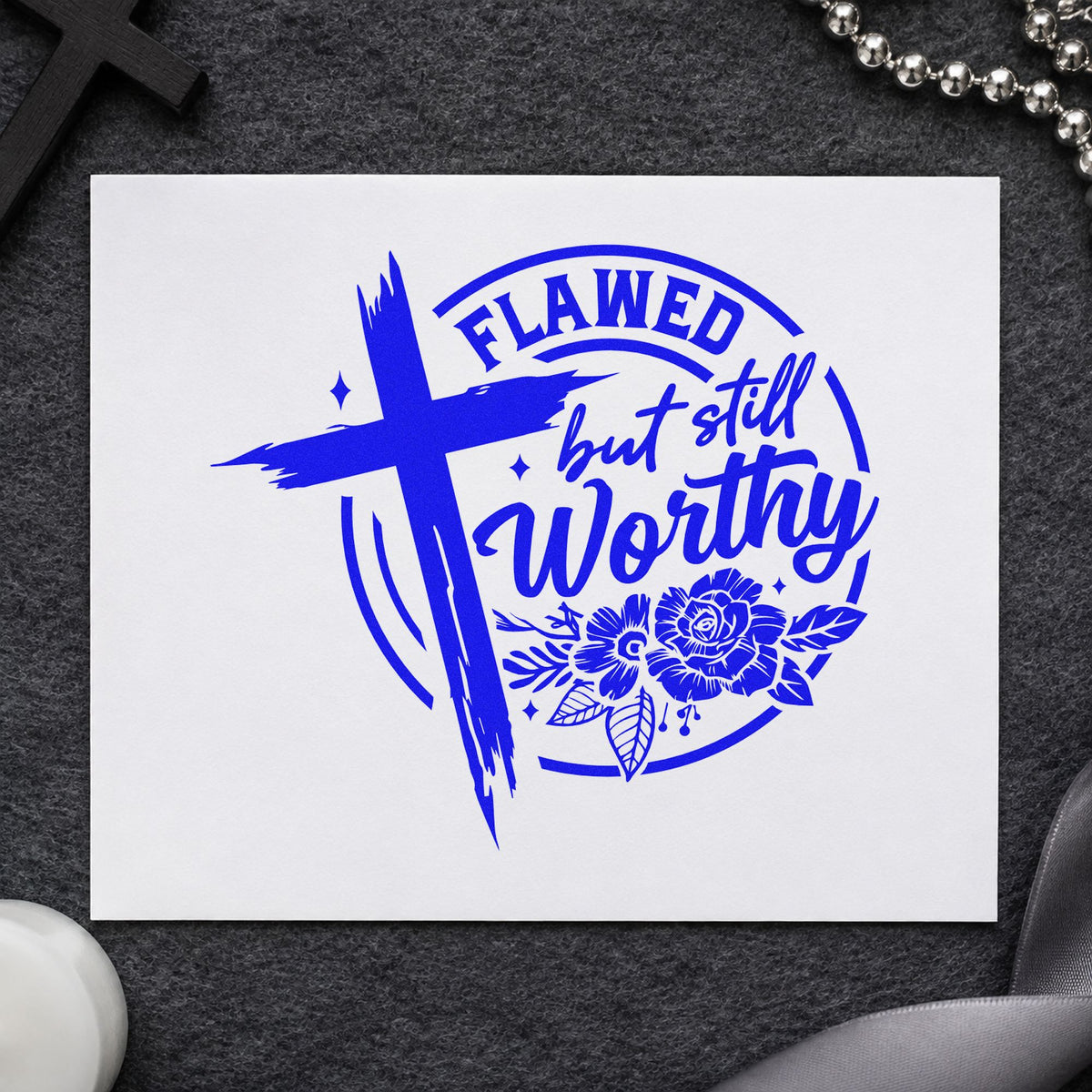 Flawed but Still Worthy craft stamp in blue ink on cardstock, an easy option for round label seals.