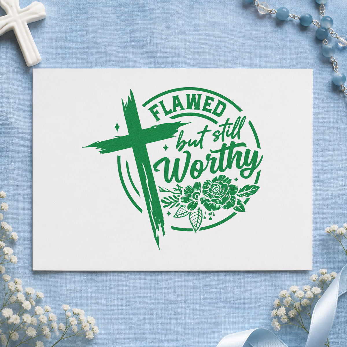 Flawed but Still Worthy craft stamp imprint in green ink on a handmade project, one idea being framed bedroom art.