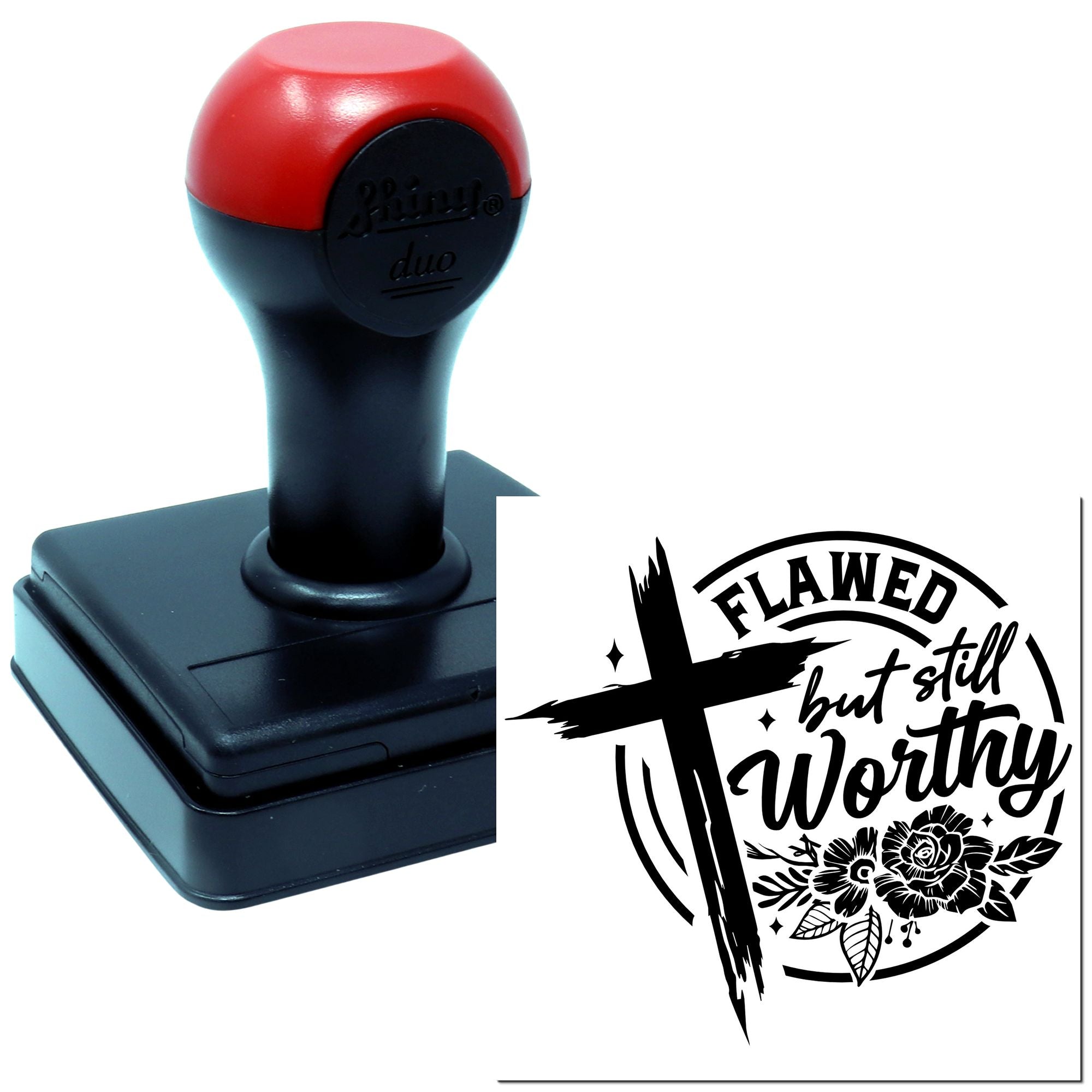 Custom self-inking rubber stamp with Flawed but still worthy floral cross design for faith-based crafting.