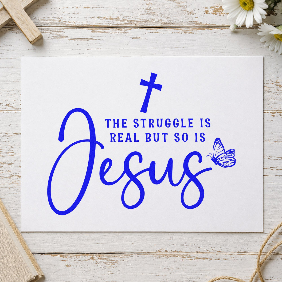 The Struggle Is Real craft stamp in blue ink on cardstock, an easy option for canvas totes.