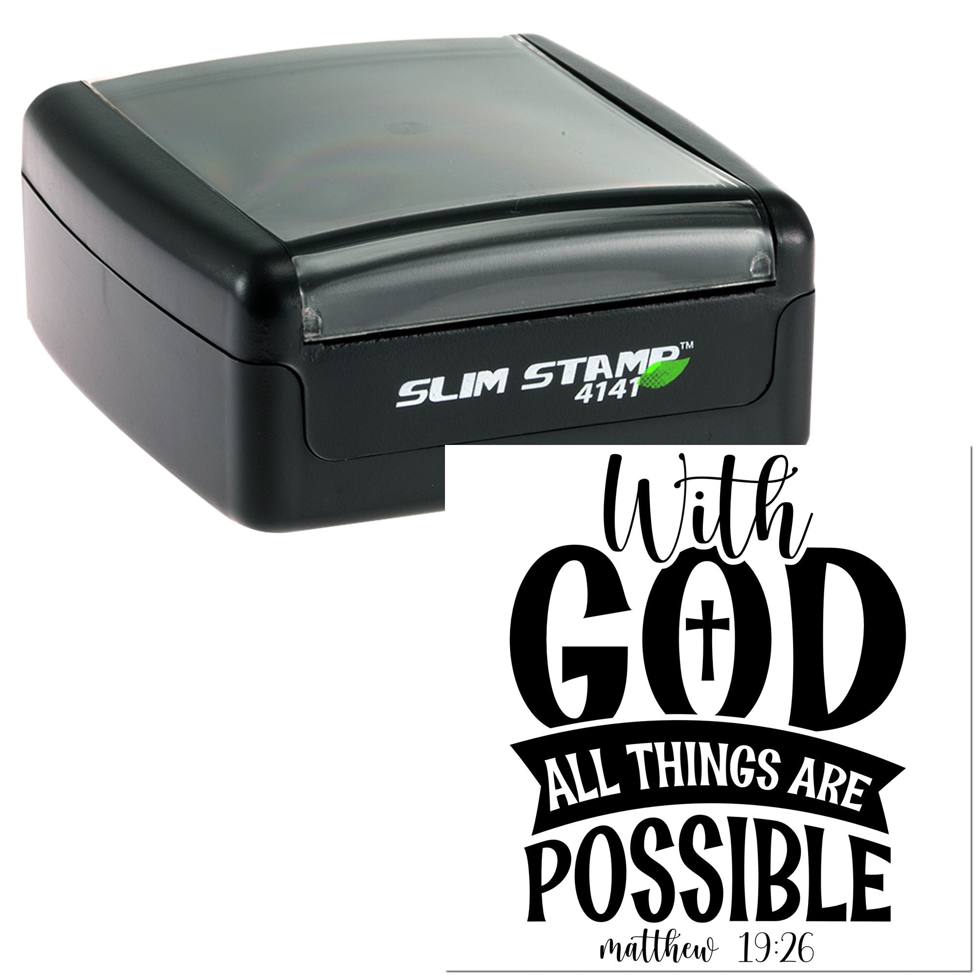 Self-inking rubber stamp with Bible verse quote, With God all things are possible Matthew 19:26, custom religious stamp.
